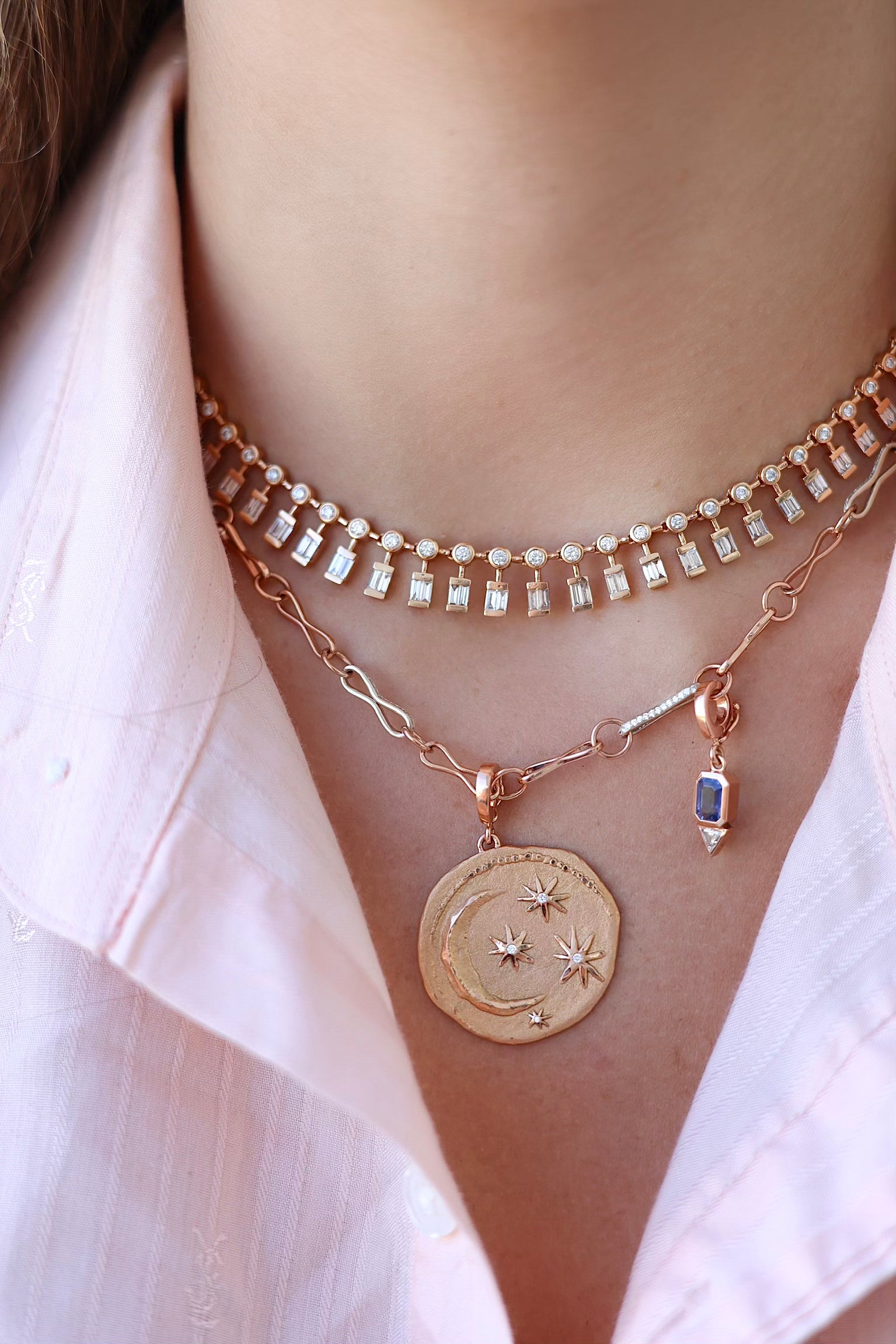 Large Cosmic Coin & Sapphire Charm Necklace