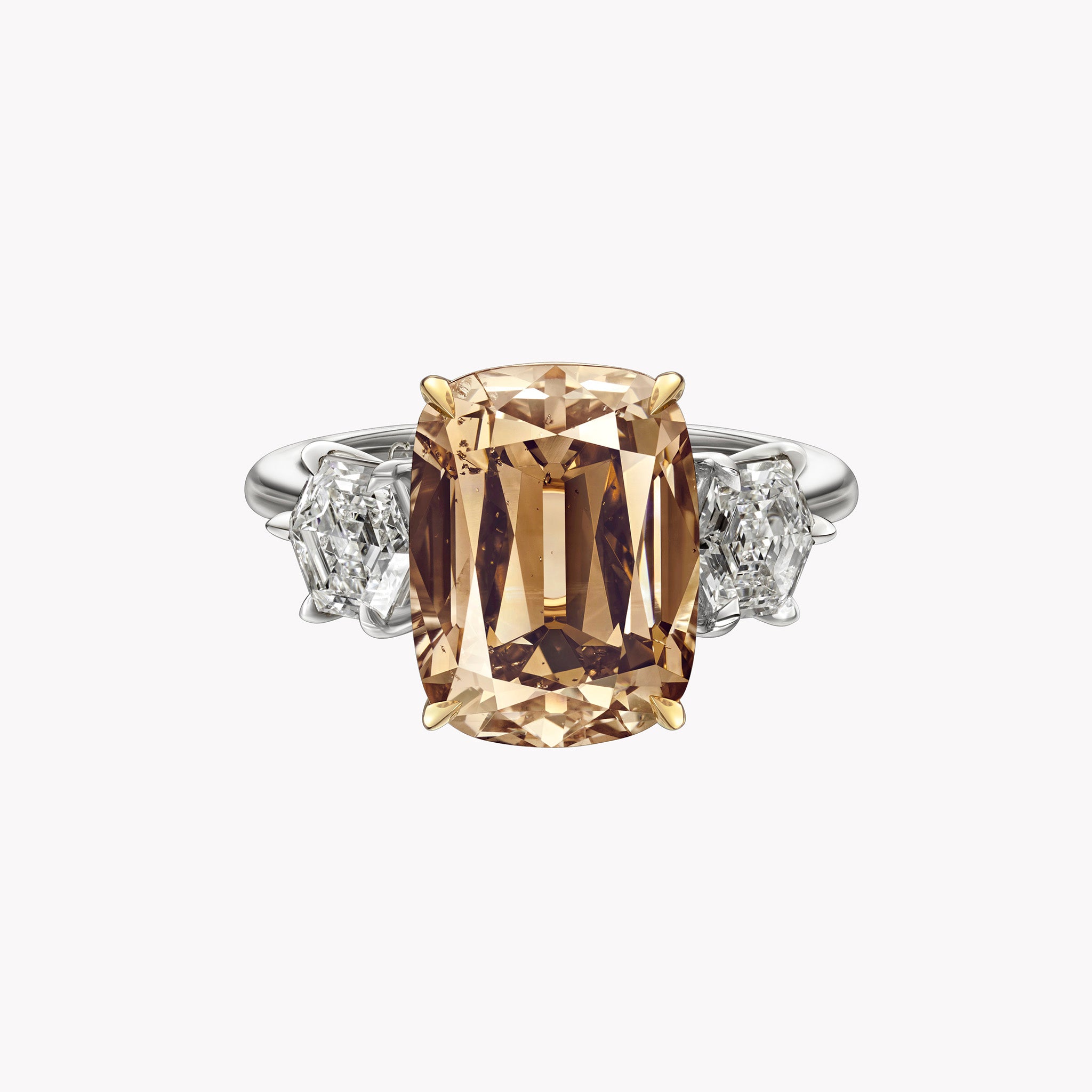 Fancy Brown-Yellow Cushion Cut Three-Stone Diamond Ring