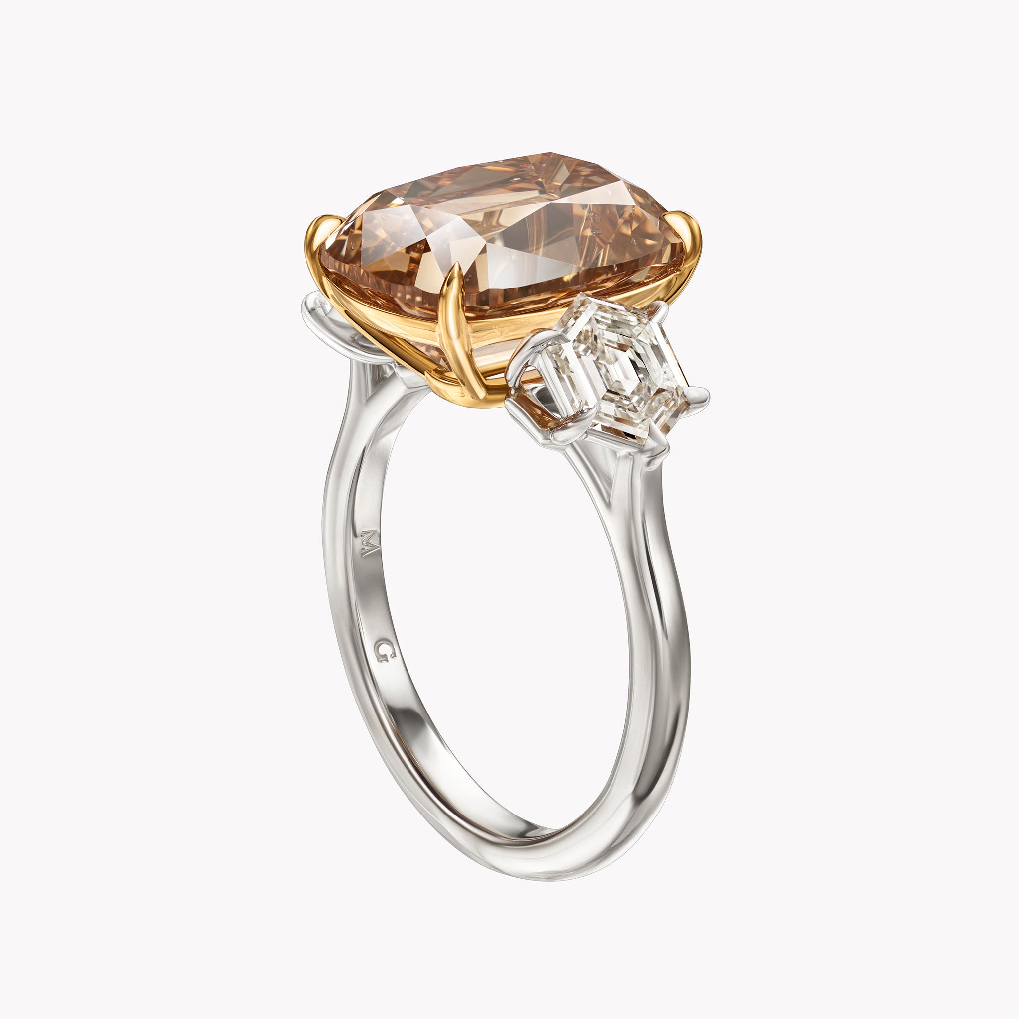 Fancy Brown-Yellow Cushion Cut Three-Stone Diamond Ring