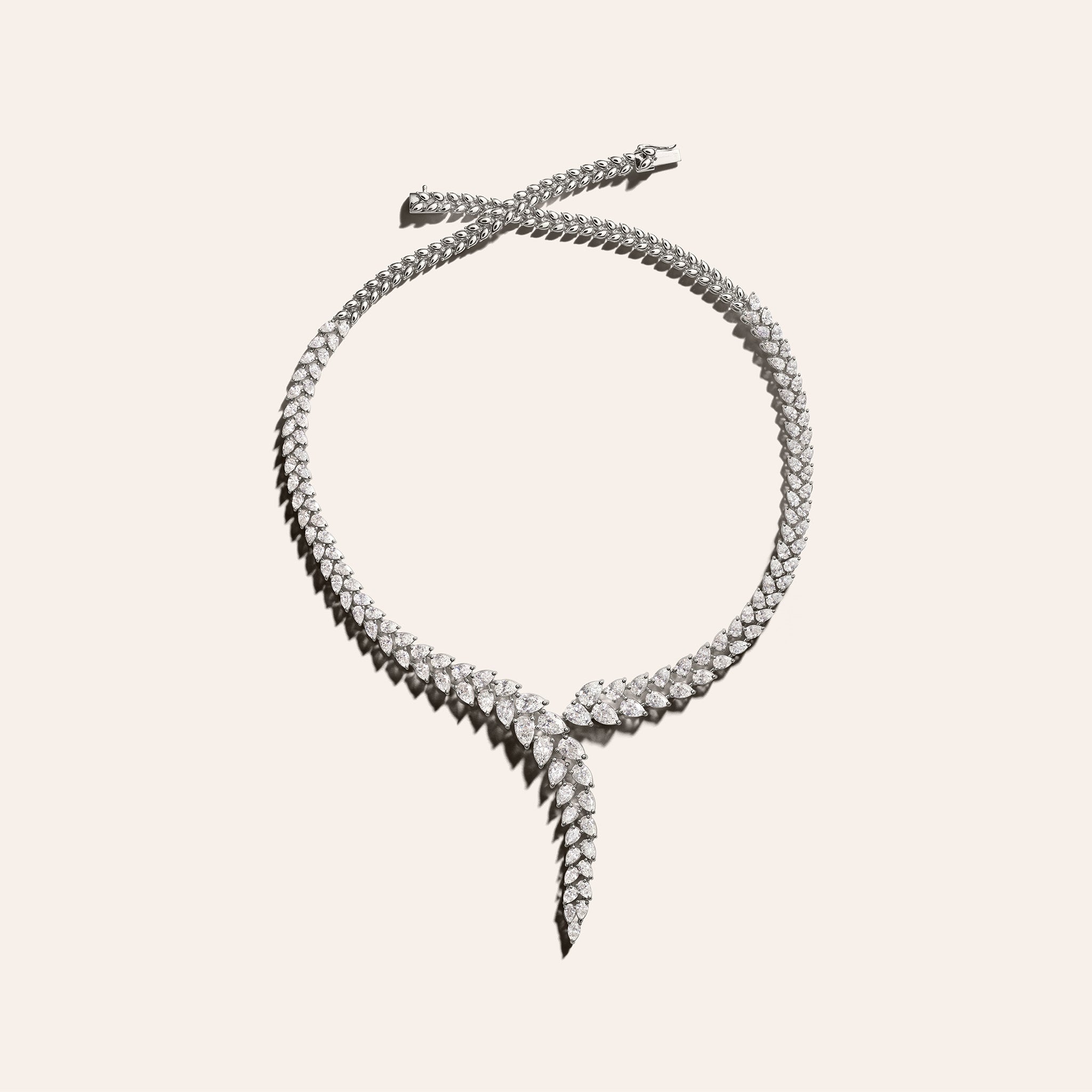 The Athena necklace in 18K white gold with marquise and pear diamonds in a laurel vine design, 16.18 total carats