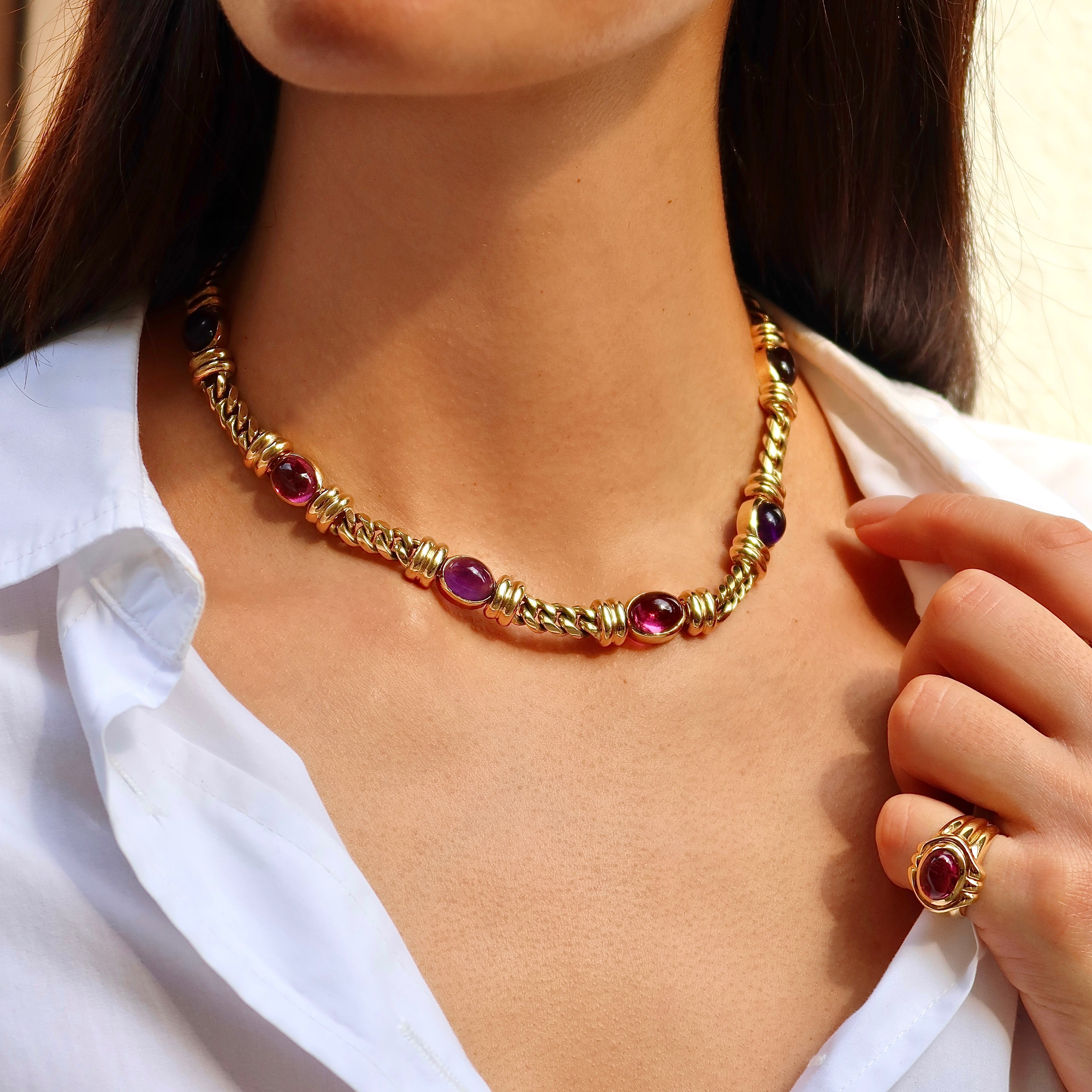 Vintage Bvlgari Cabochon Tourmaline & Amethyst Necklace