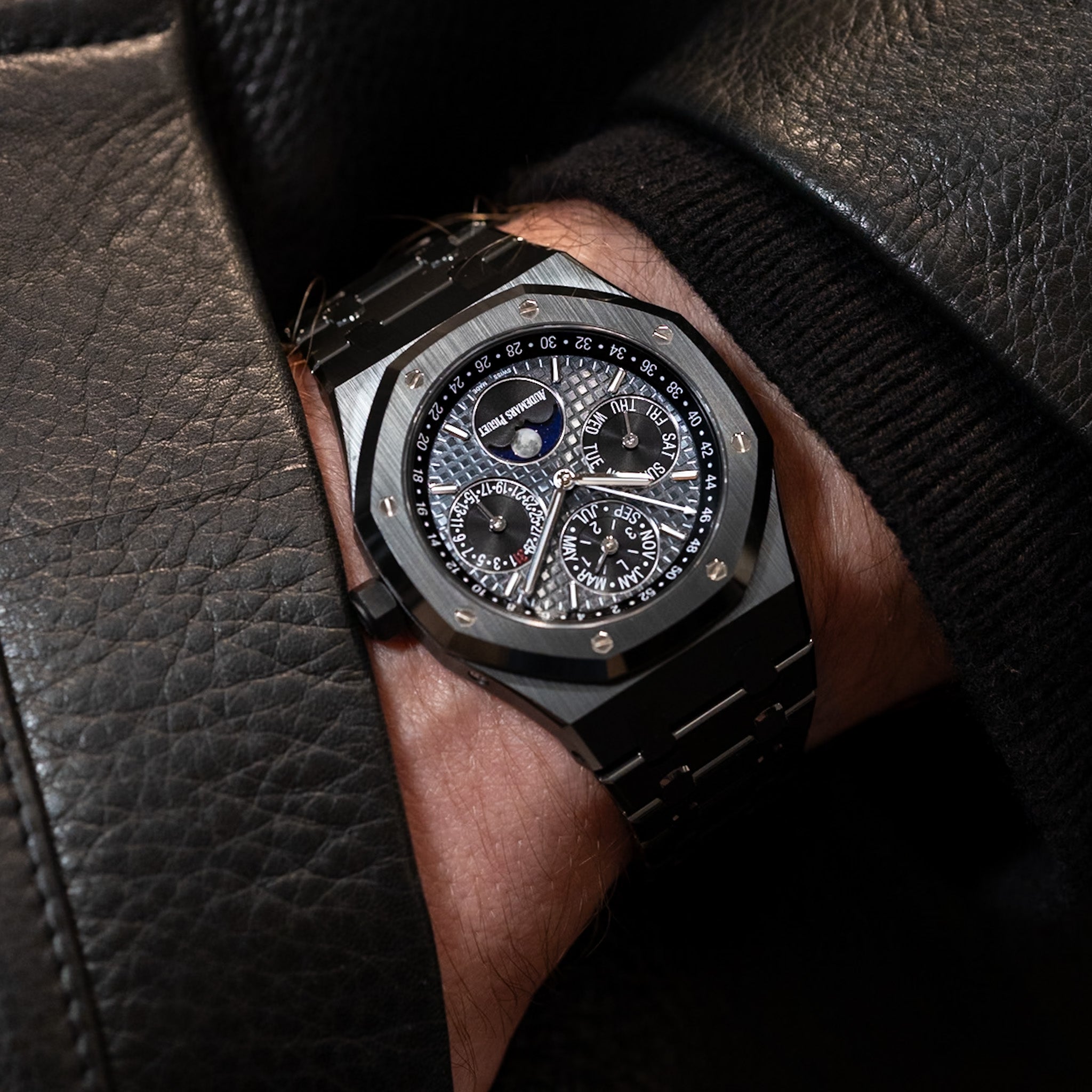 Audemars Piguet Royal Oak Perpetual Calendar Ref 26579CE black ceramic case and bracelet, slate grey ‘Grande Tapisserie’ dial with moonphase and week indicator, 41 mm.
