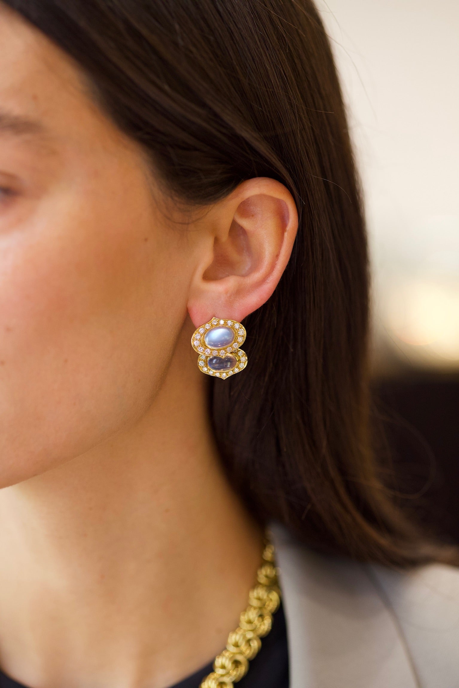 Circa 1990s Vintage Moonstone and Diamond Earrings