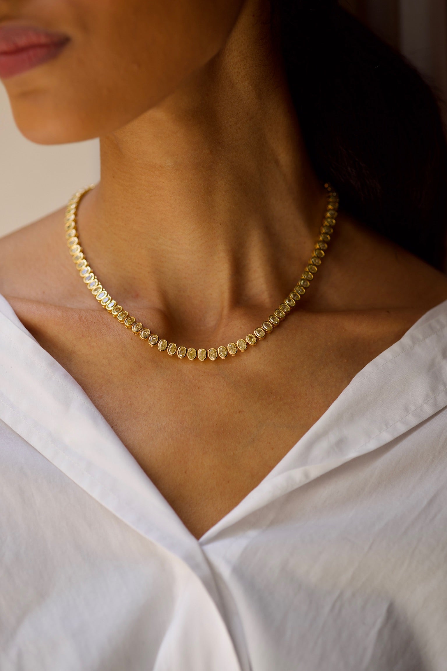Fancy Yellow Bezel Set Oval Diamond Tennis Necklace