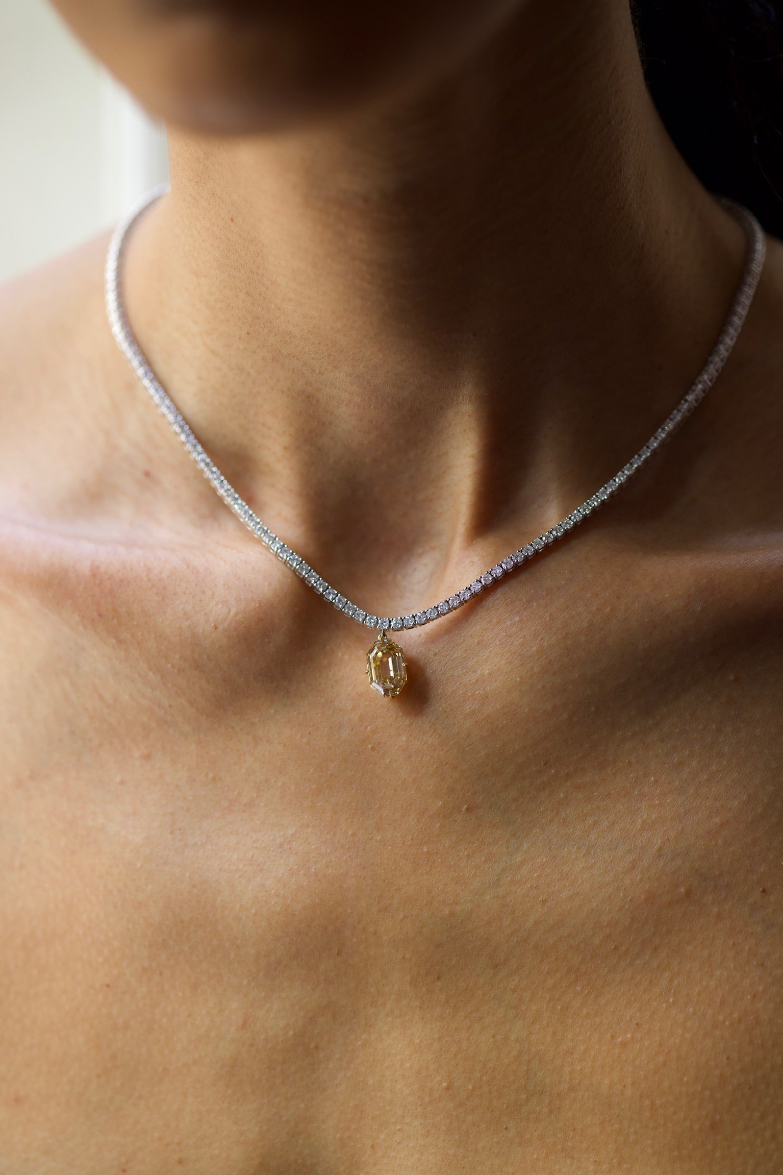 Classic Diamond Tennis Necklace with Fancy Brown Diamond Drop
