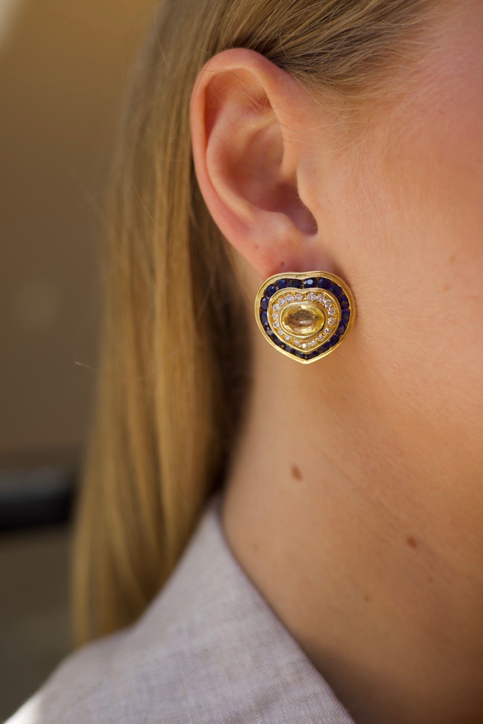 Vintage Yellow Sapphire, Blue Sapphire & Diamond Heart-Shaped Earrings