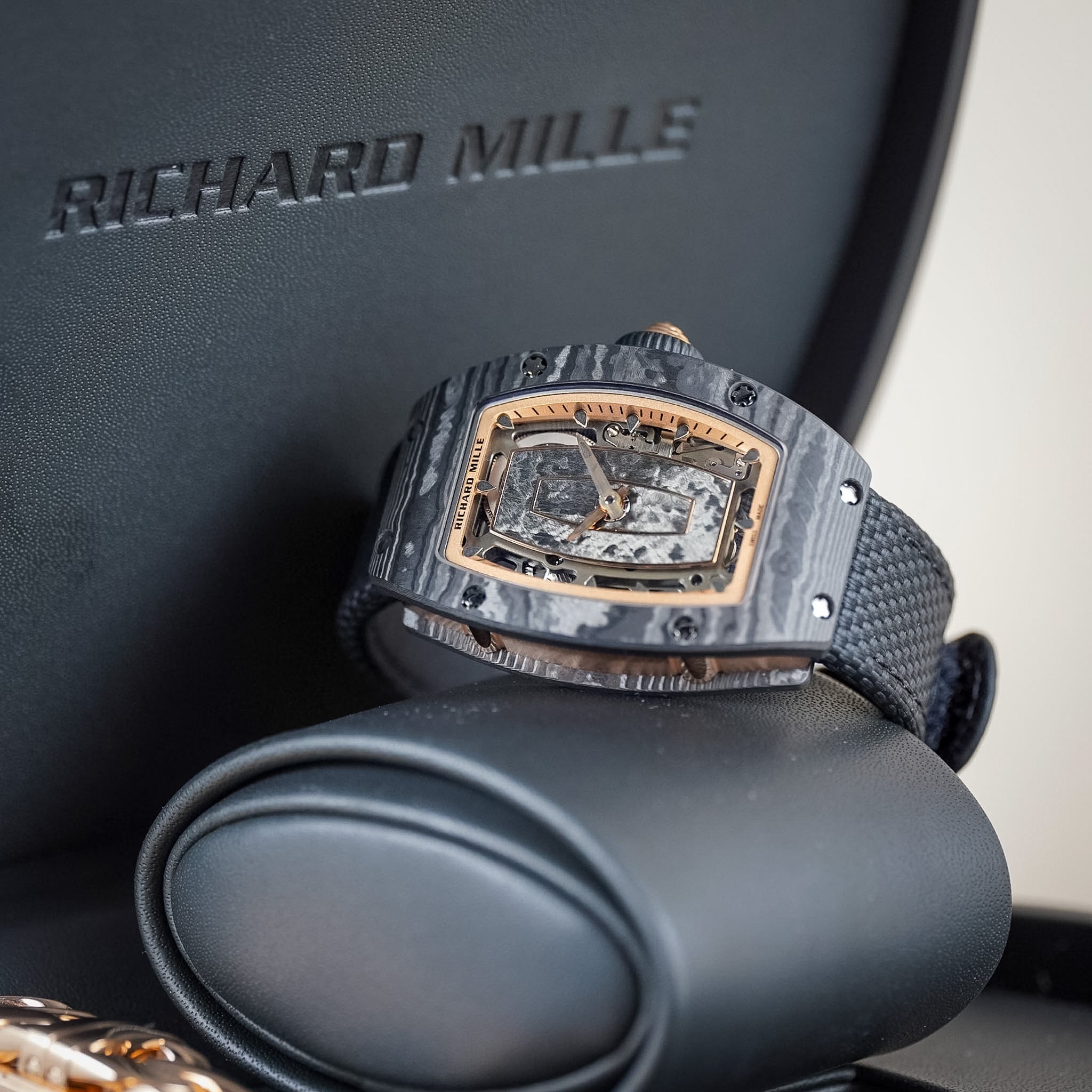 Richard Mills wristwatch with a dark gray and black carbon fiber patterned case, a transparent dial showing the inner movement, and a black textured strap, displayed on a black leather stand with the Richard Mills logo in the background.