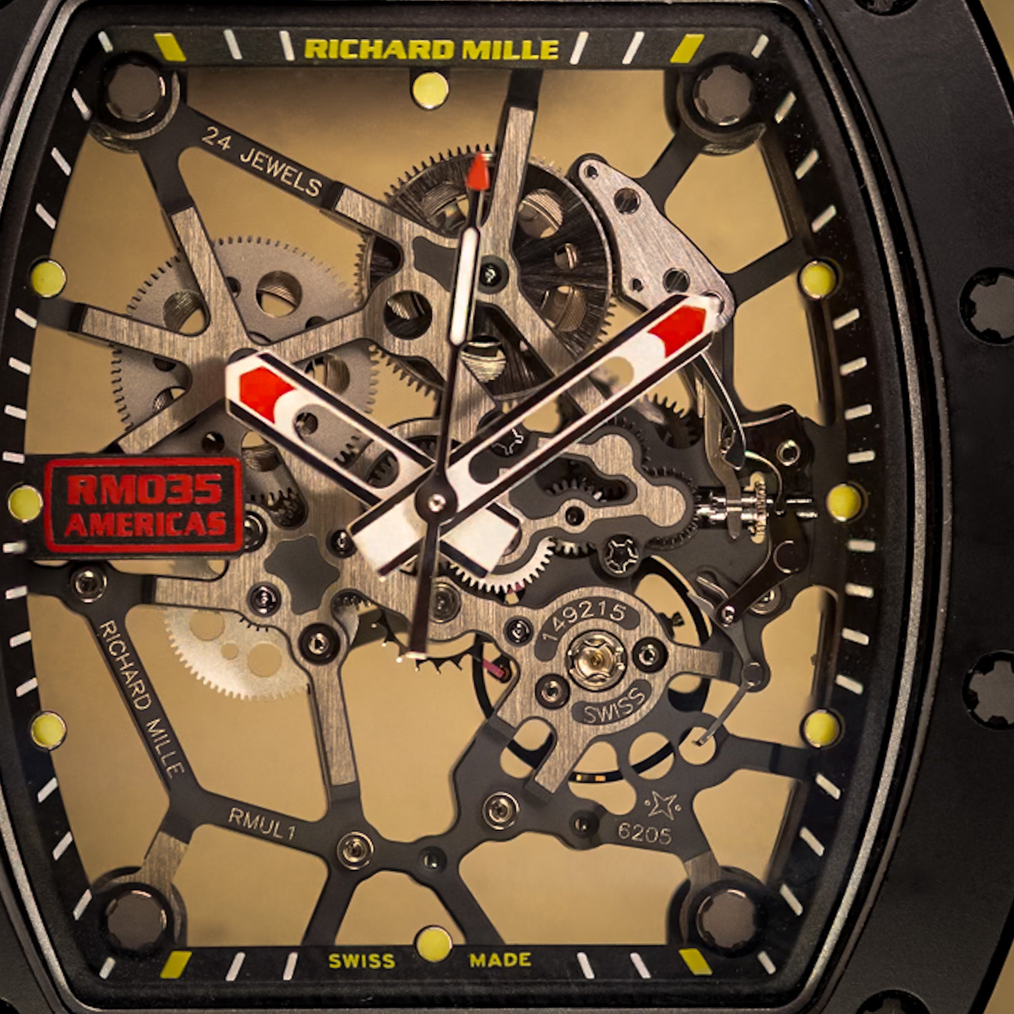 Richard Mille watch with mechanical components and visible brand logos.