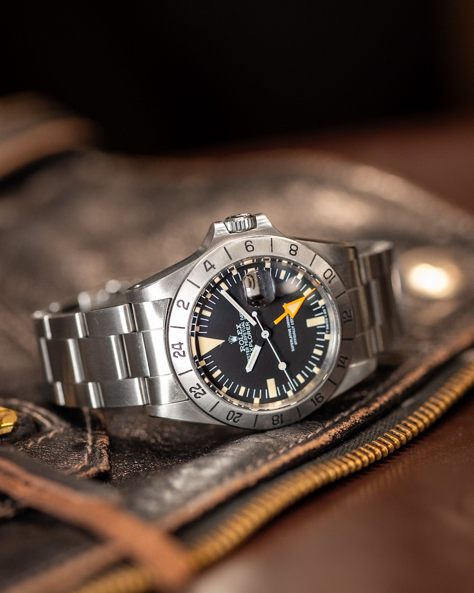 Rolex Explorer II Ref 1655 stainless steel case front view on black dial