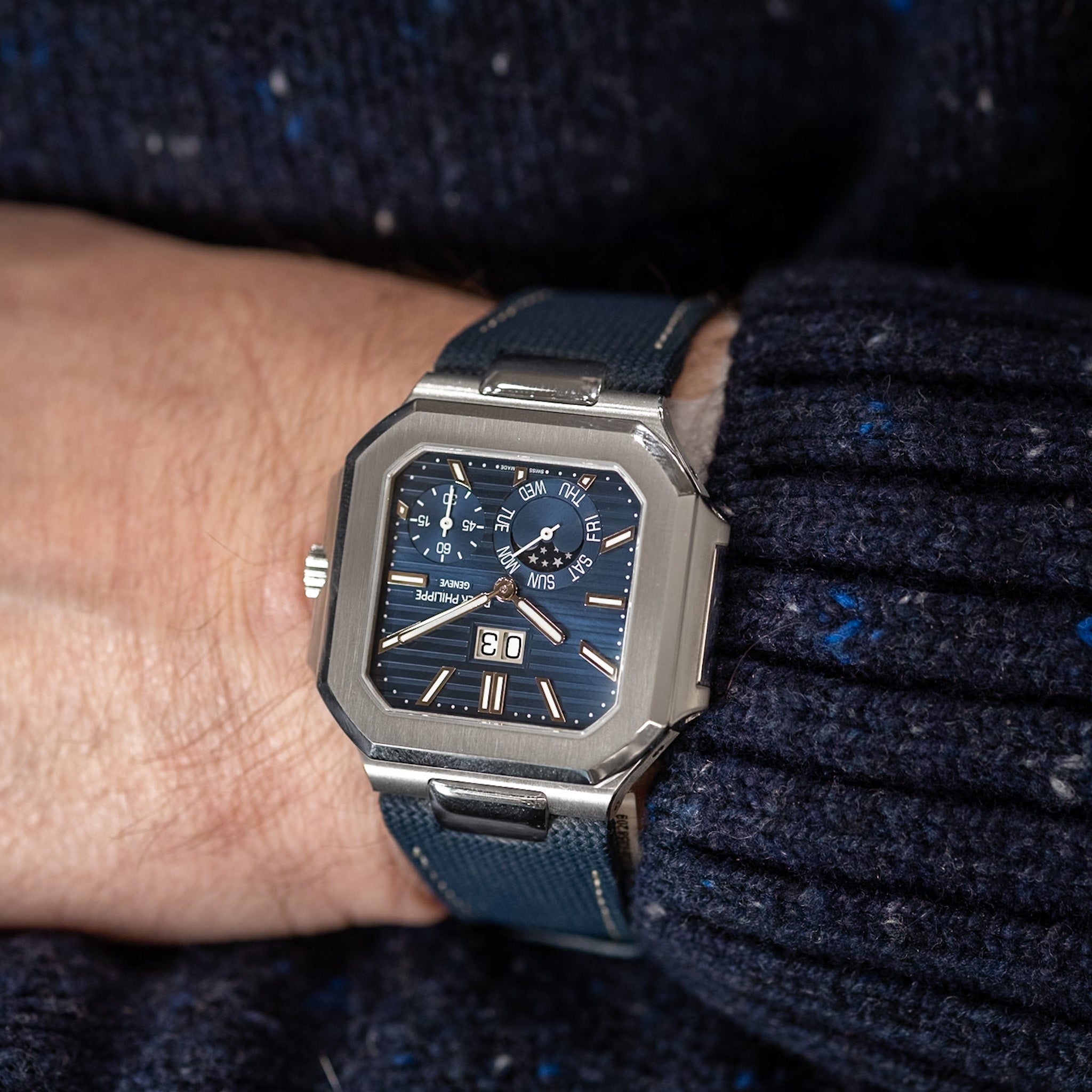 Patek Philippe Cubitus 5822P-001 platinum moonphase watch on rubber strap on model