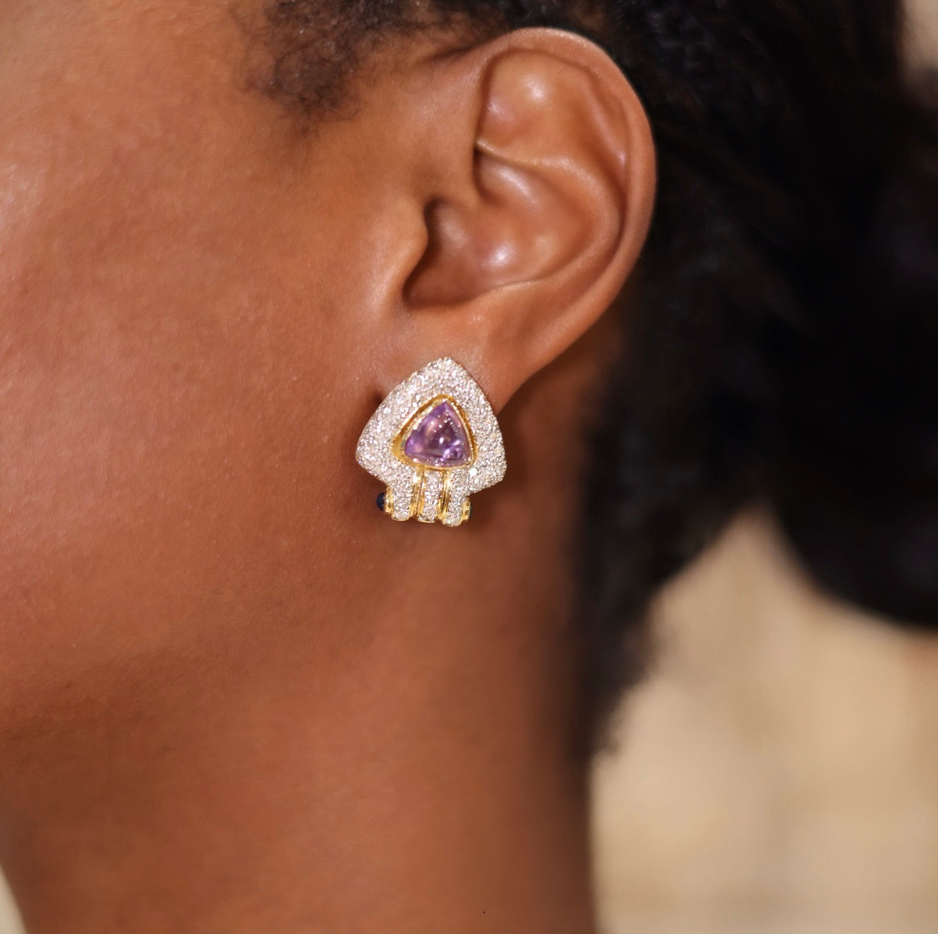 Vintage Purple Cabochon Sapphire Pavé Earrings