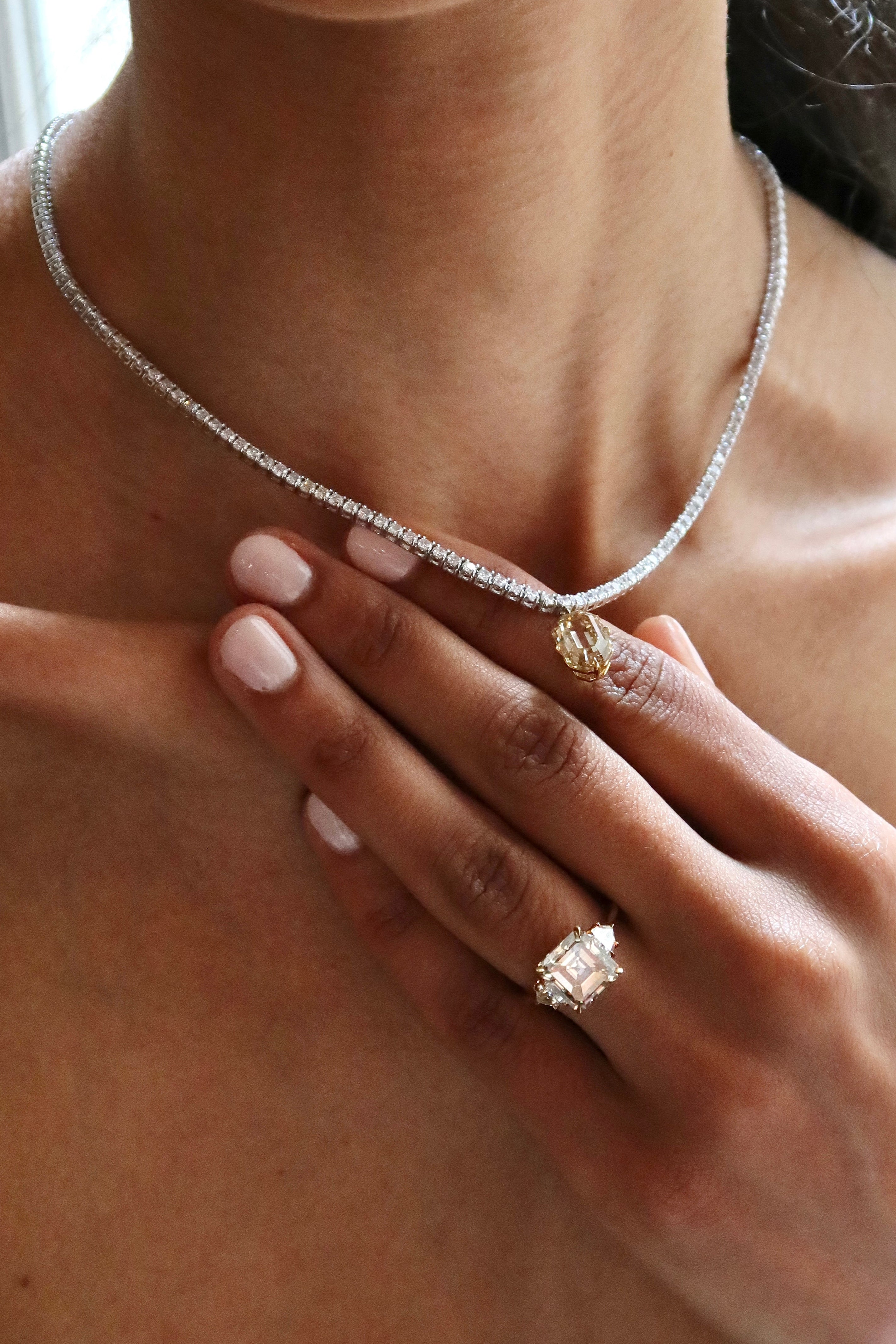 Classic Diamond Tennis Necklace with Fancy Brown Diamond Drop