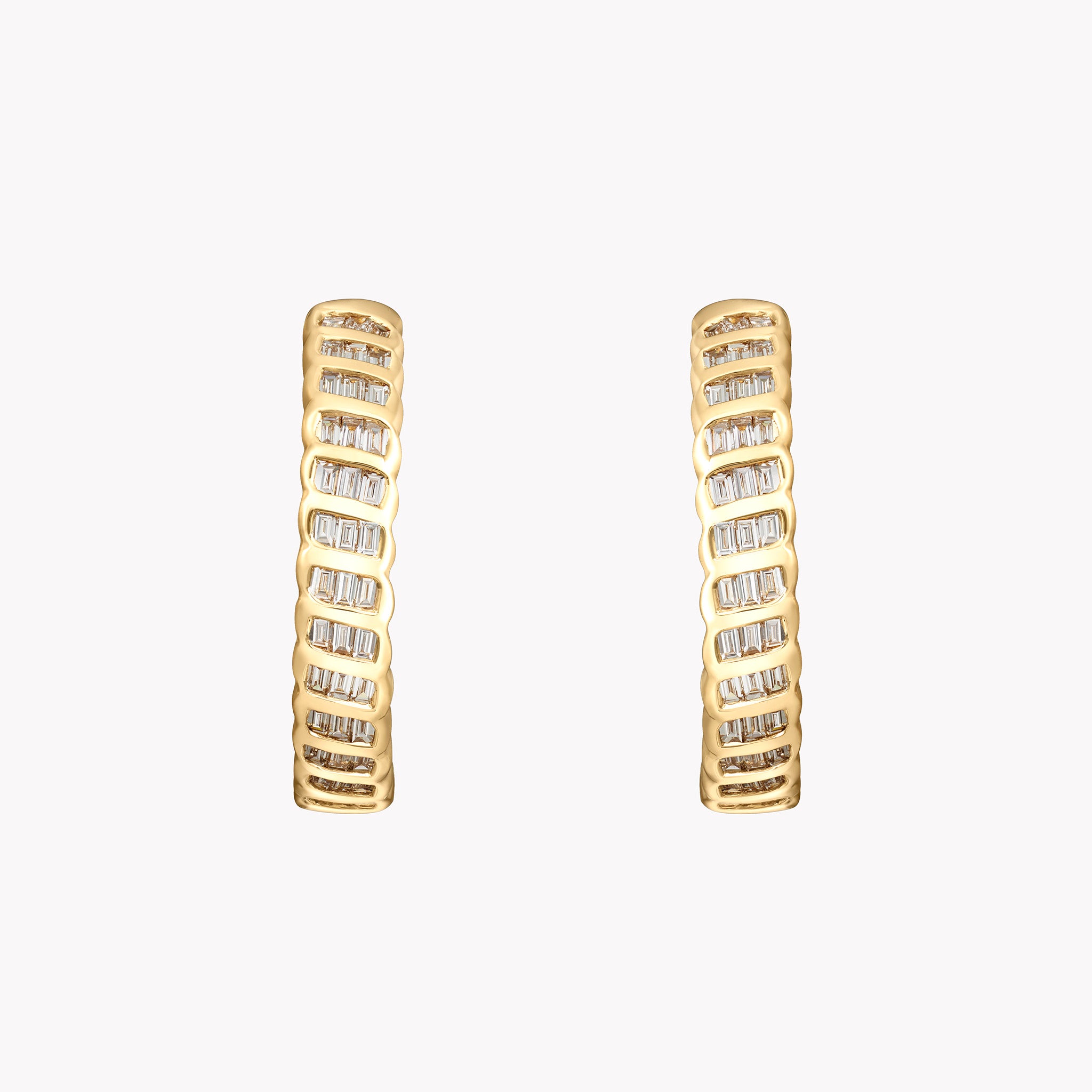 nita Ko 18k yellow gold hoop earrings with baguette diamonds set in a ladder formation, shown as a front-facing pair against a white background.