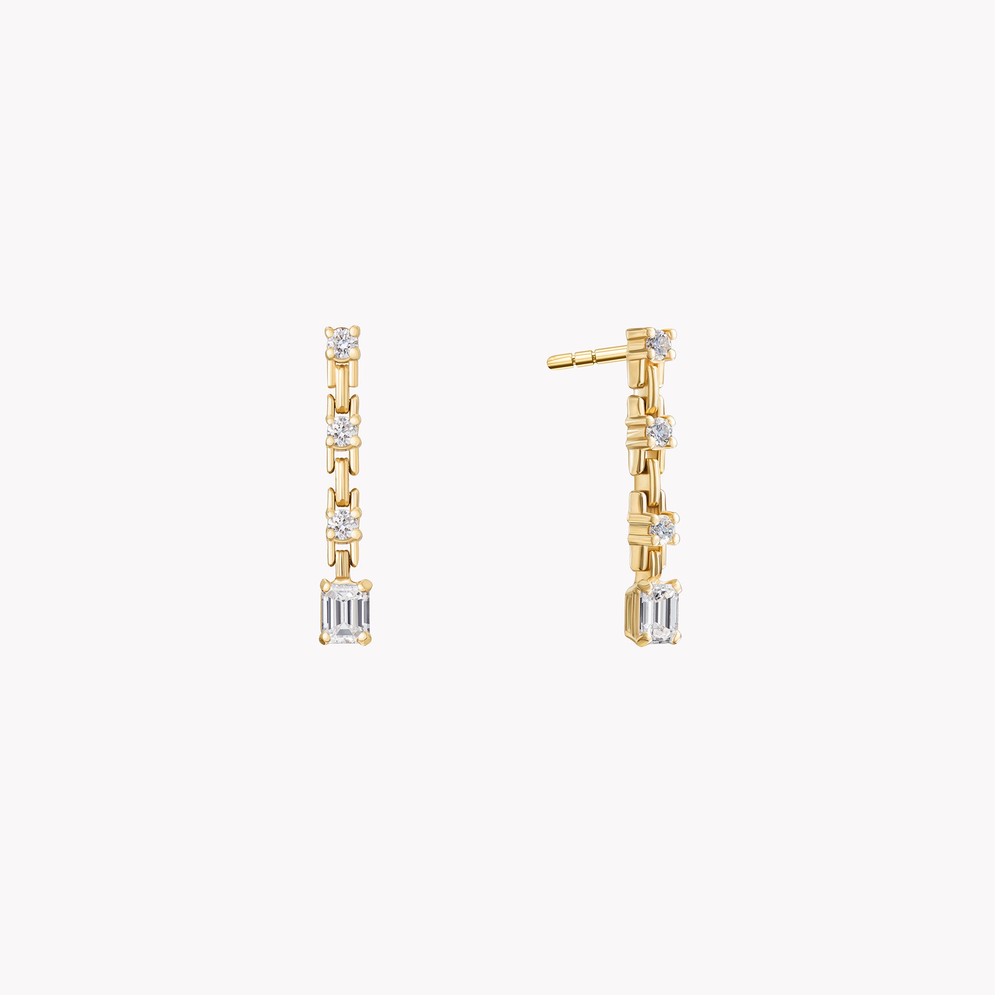 Azlee Pirouette Small Strand Diamond Earrings in 18k yellow gold, side profile showing post backing and articulated link strand construction with emerald-cut diamond drop.