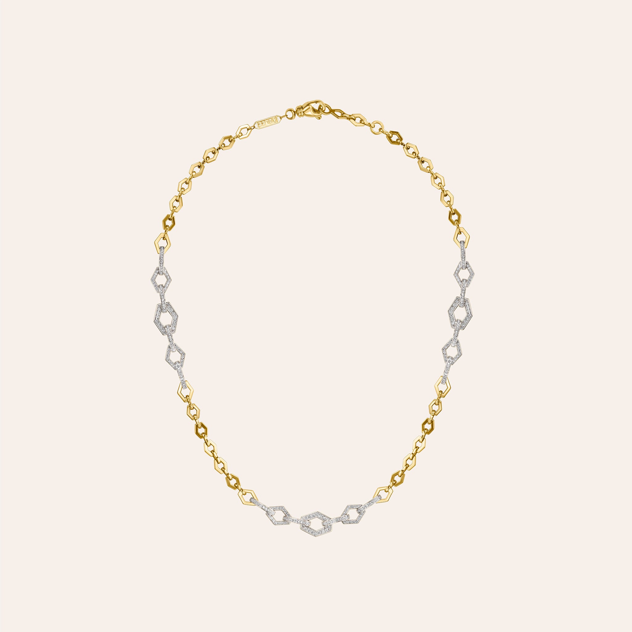 Cadence lozenge pavé chain necklace in 18K yellow and white gold with diamond hexagon links