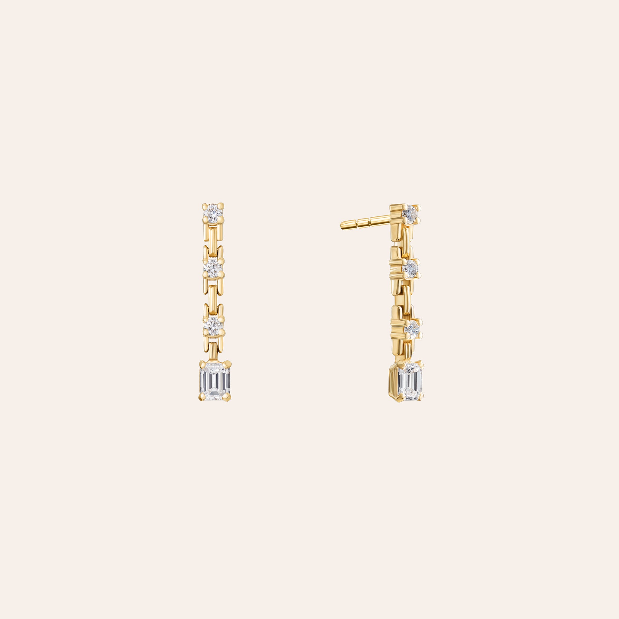 Azlee Pirouette Small Strand Diamond Earrings in 18k yellow gold, side profile showing post backing and articulated link strand construction with emerald-cut diamond drop.