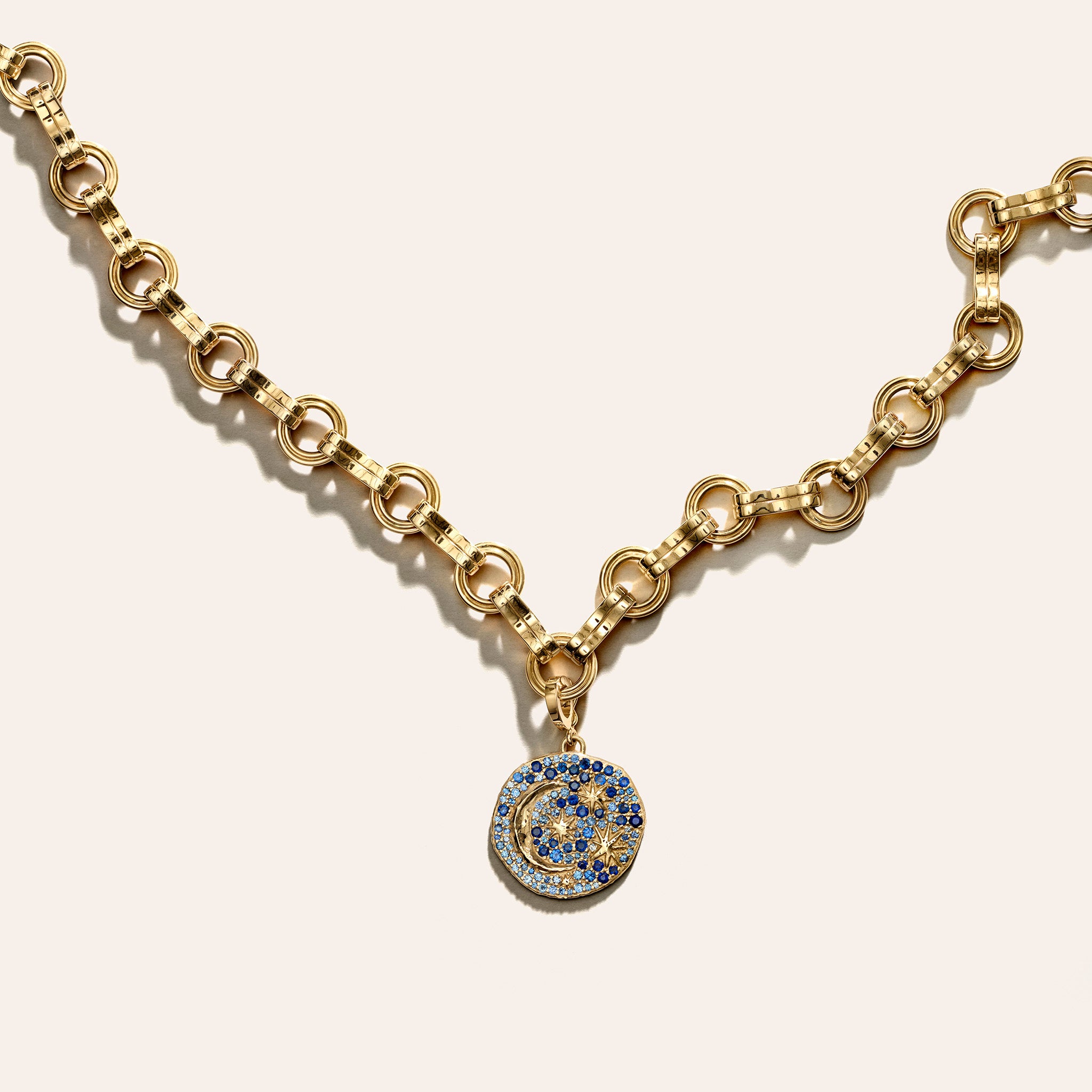 AZLEE Robust Motif Necklace in 18K yellow gold, a bold chain of 10.6mm motif links, shown with a charm.