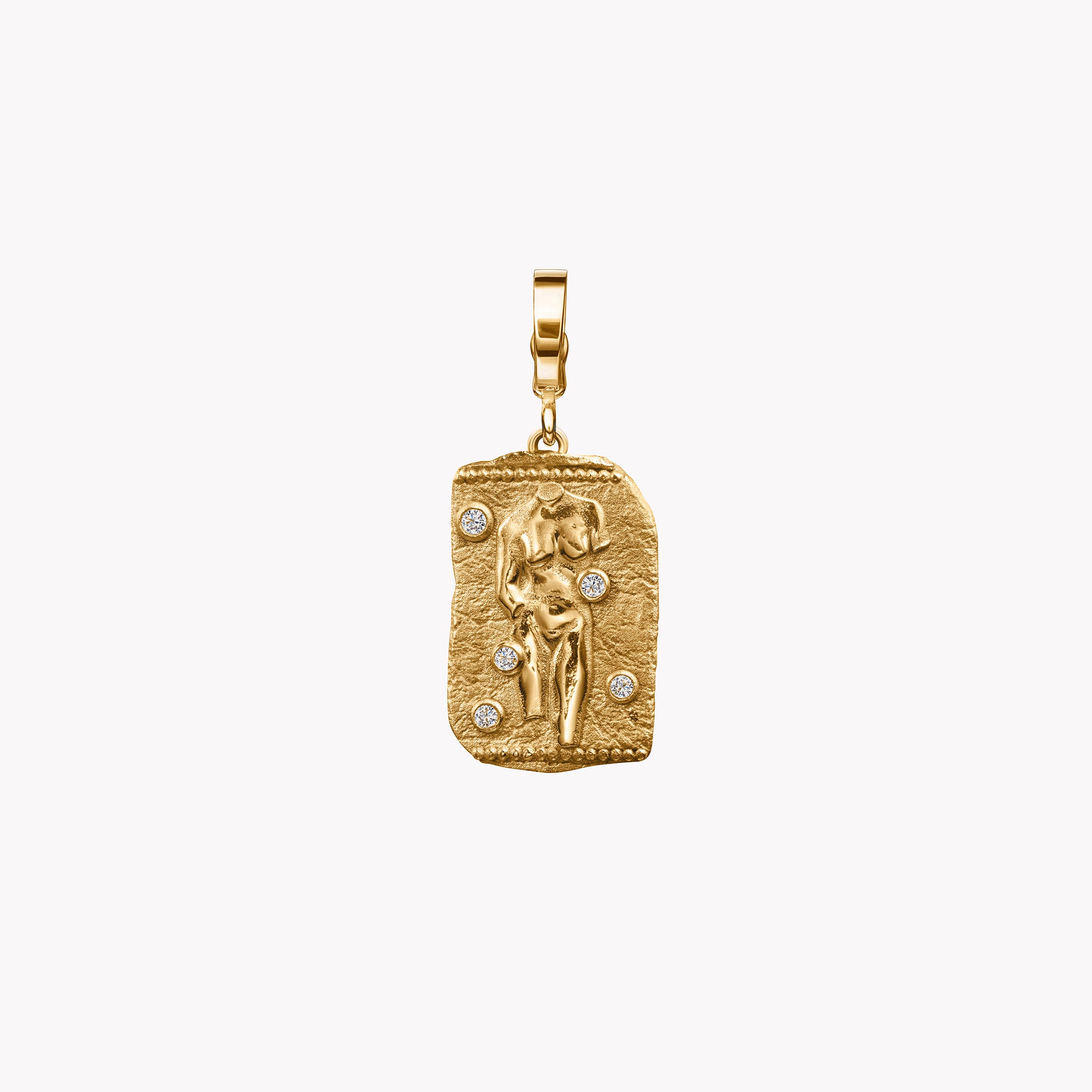 Āzlee 18kt yellow gold Divine Feminine Medium Relic Coin charm pendant with a Greek torso relief and four bezel-set white diamonds, photographed on a light background.