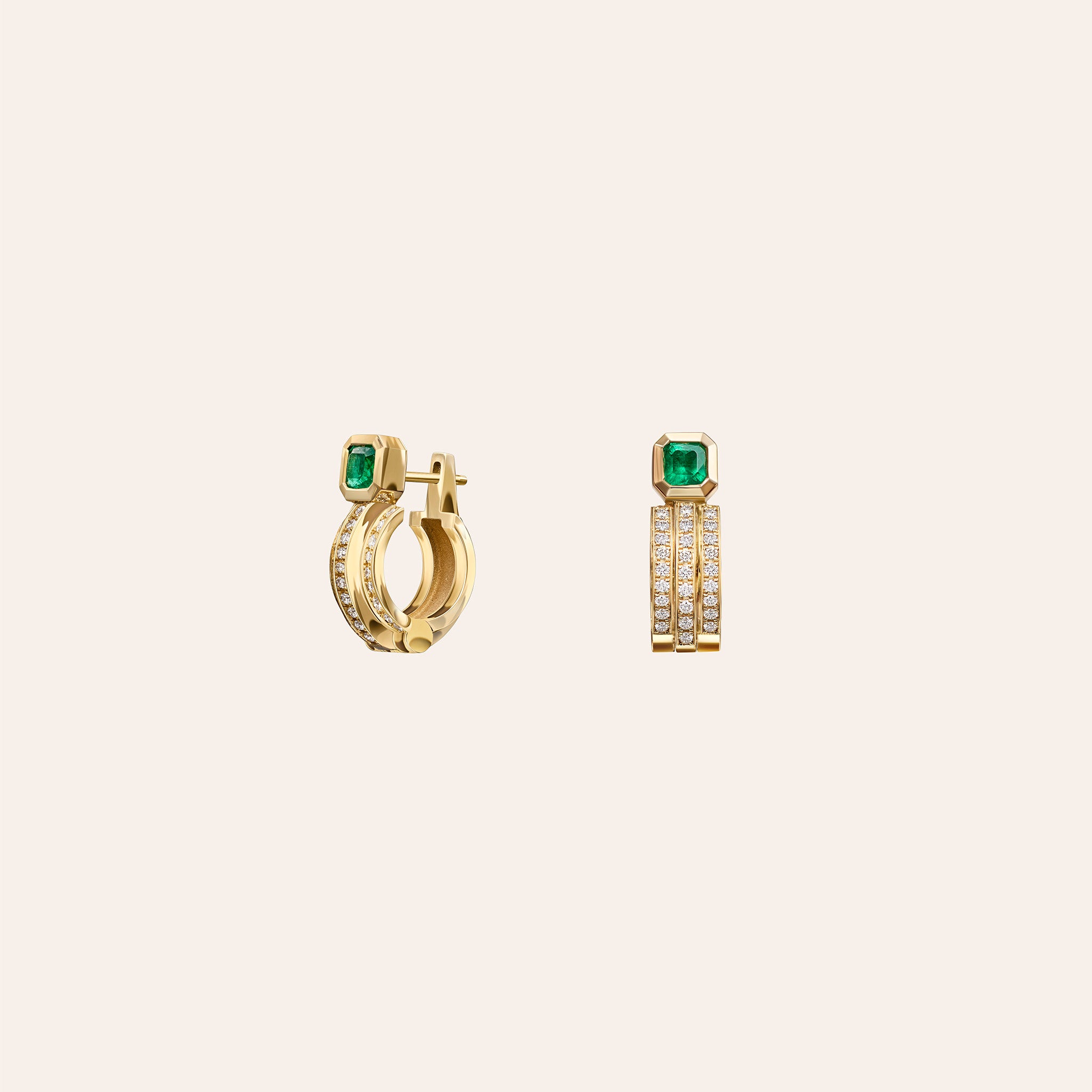Āzlee x Gemfields Staircase 3-Tier Pavé and Emerald Hoops in 18k yellow gold with pavé-set diamonds and a bezel-set Zambian emerald, shown on an ivory background. Side View.