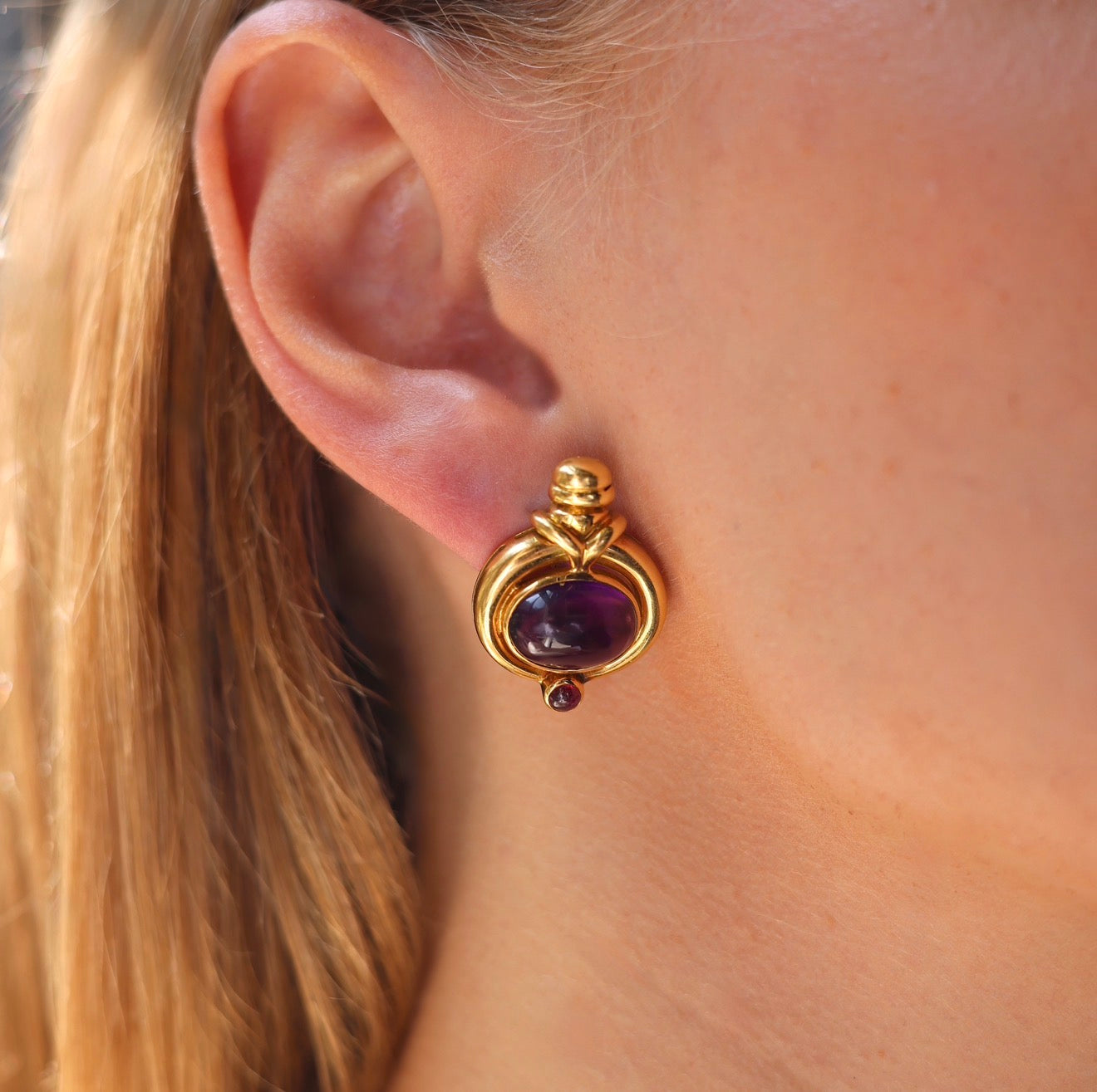 Vintage Cabochon Amethyst & Ruby Earrings