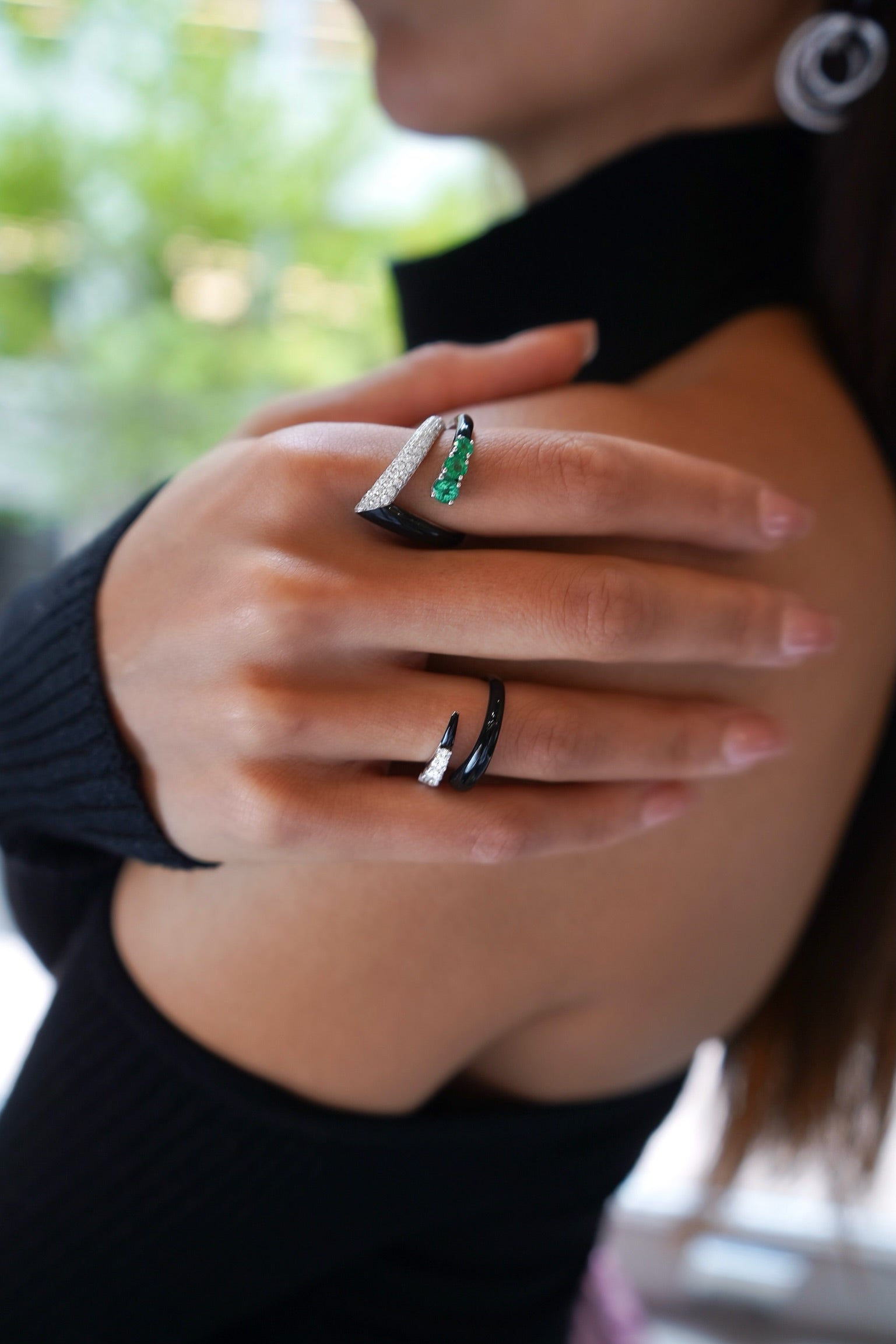 Oui Emerald and Diamond Black Enamel Ring