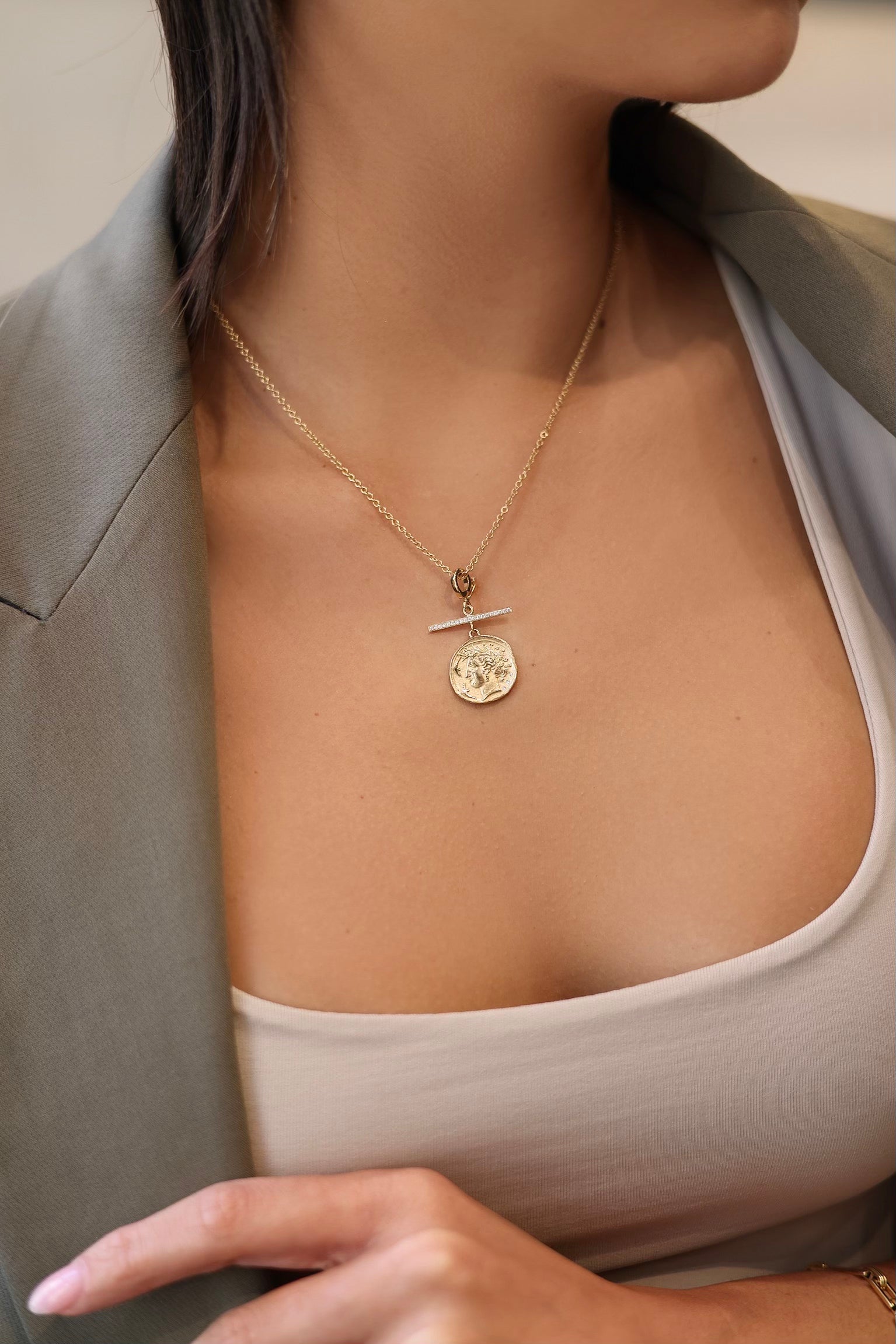 Goddess Small Diamond Coin Charm Necklace with Pavé Diamond Bar
