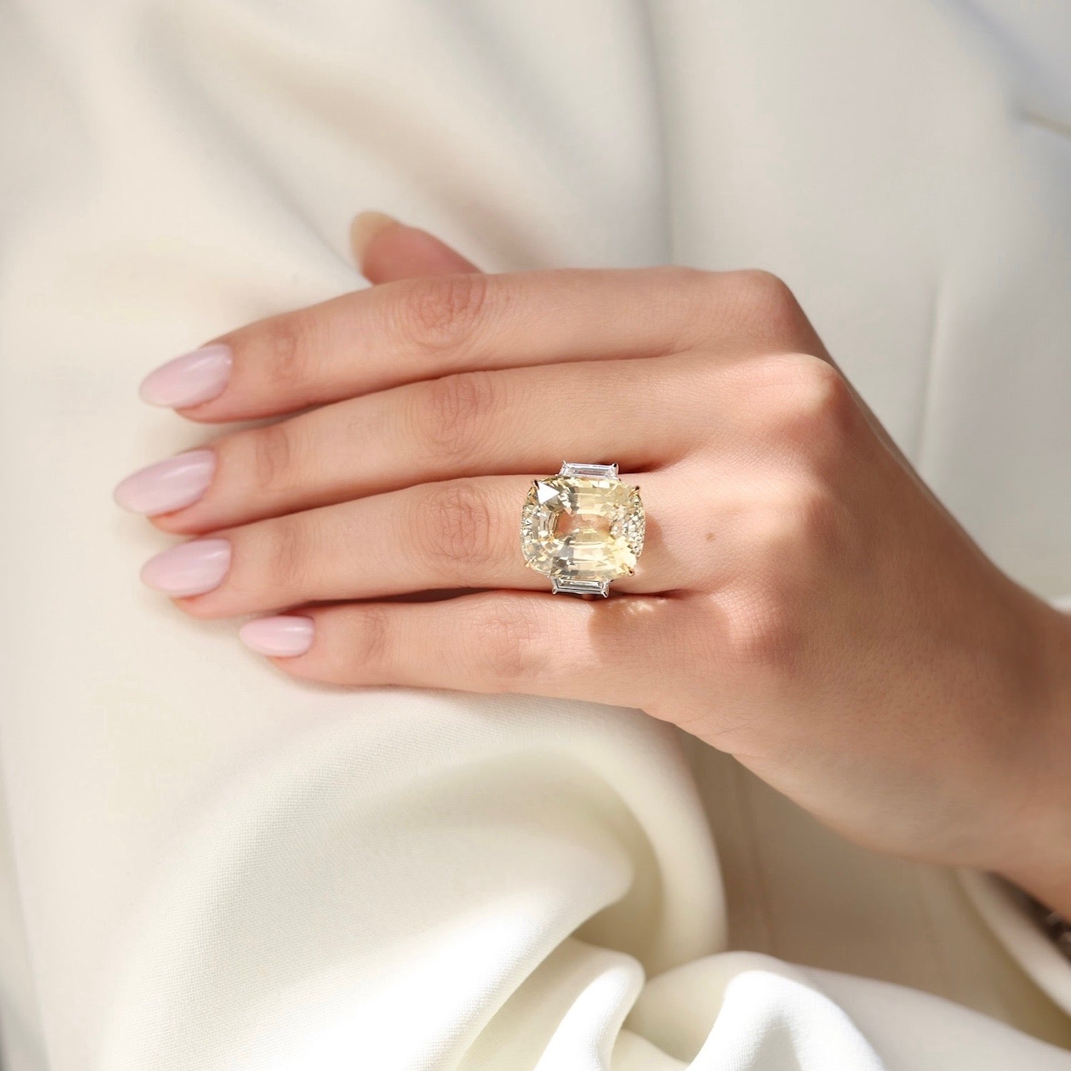 Three Stone Cushion Cut Yellow Sapphire Ring