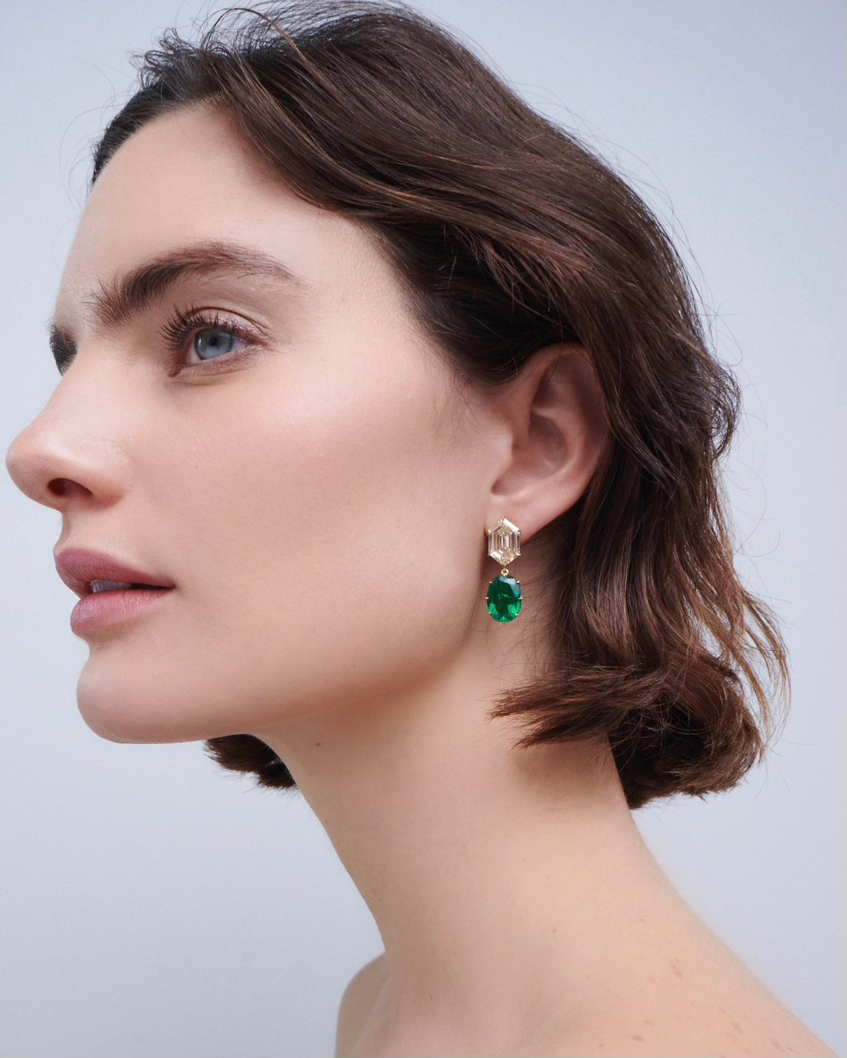 Colombian Emerald & Hexagon Diamond Drop Earrings