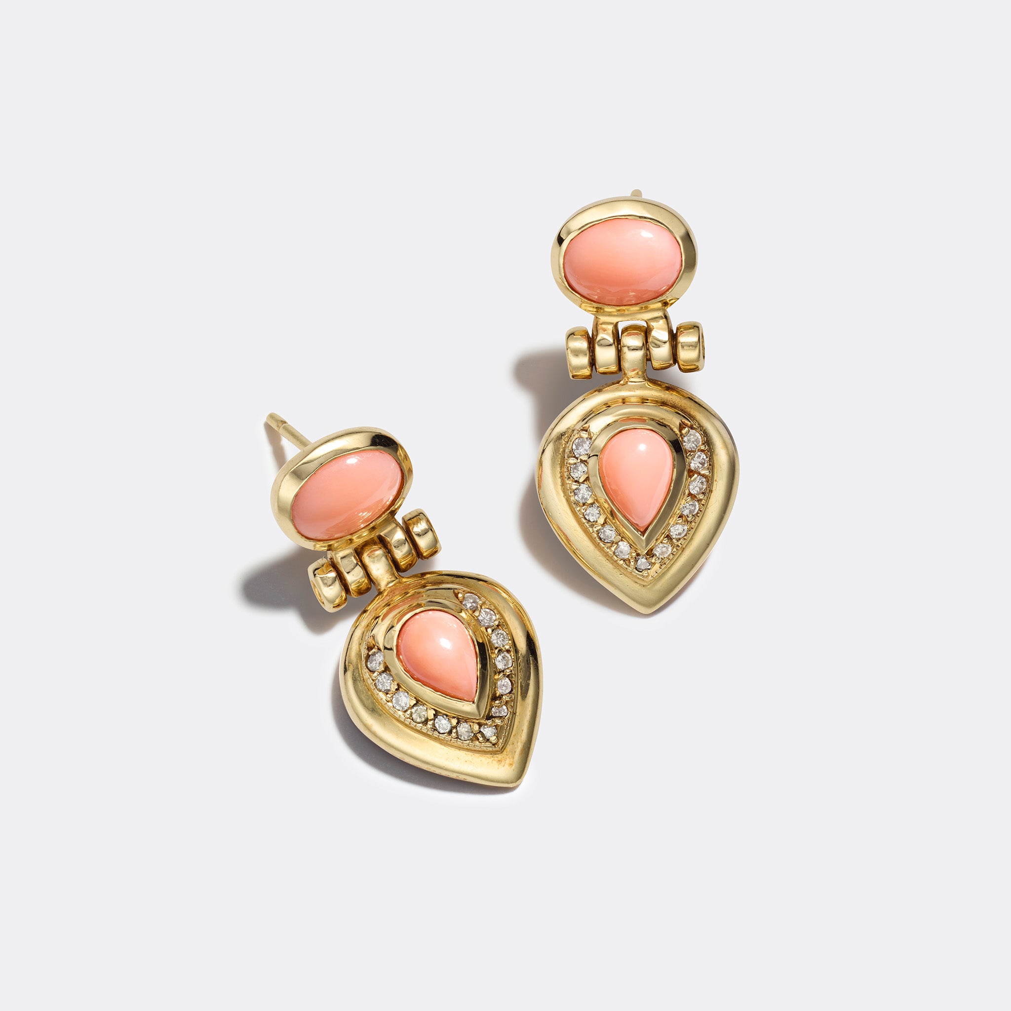 Late 1990s Pink Coral & Diamond Drop Earrings