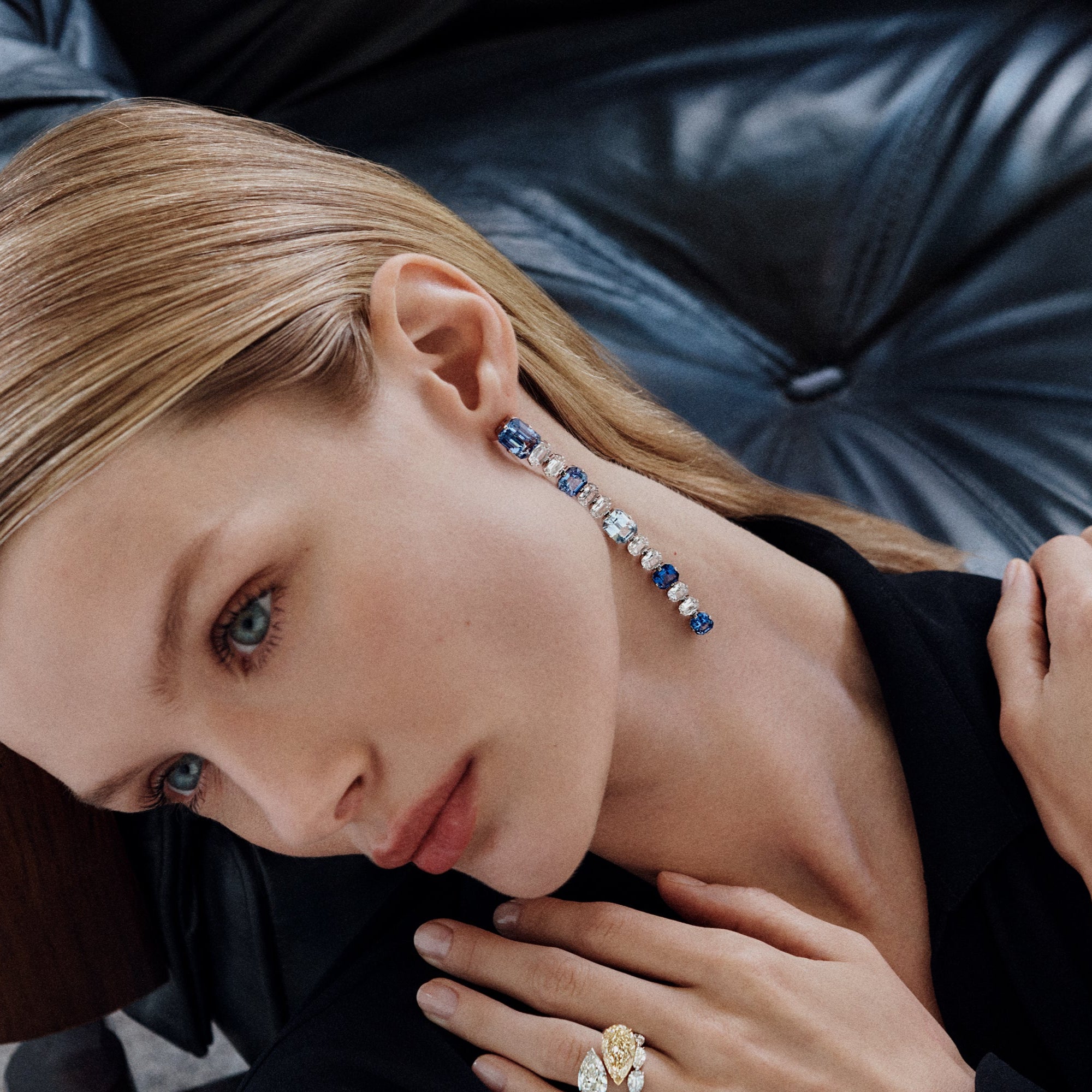 Sapphire and Diamond Drop Earrings in 18K white gold featuring 27.24 carats of blue sapphires and 8.08 carats of antique cushion-cut diamonds.