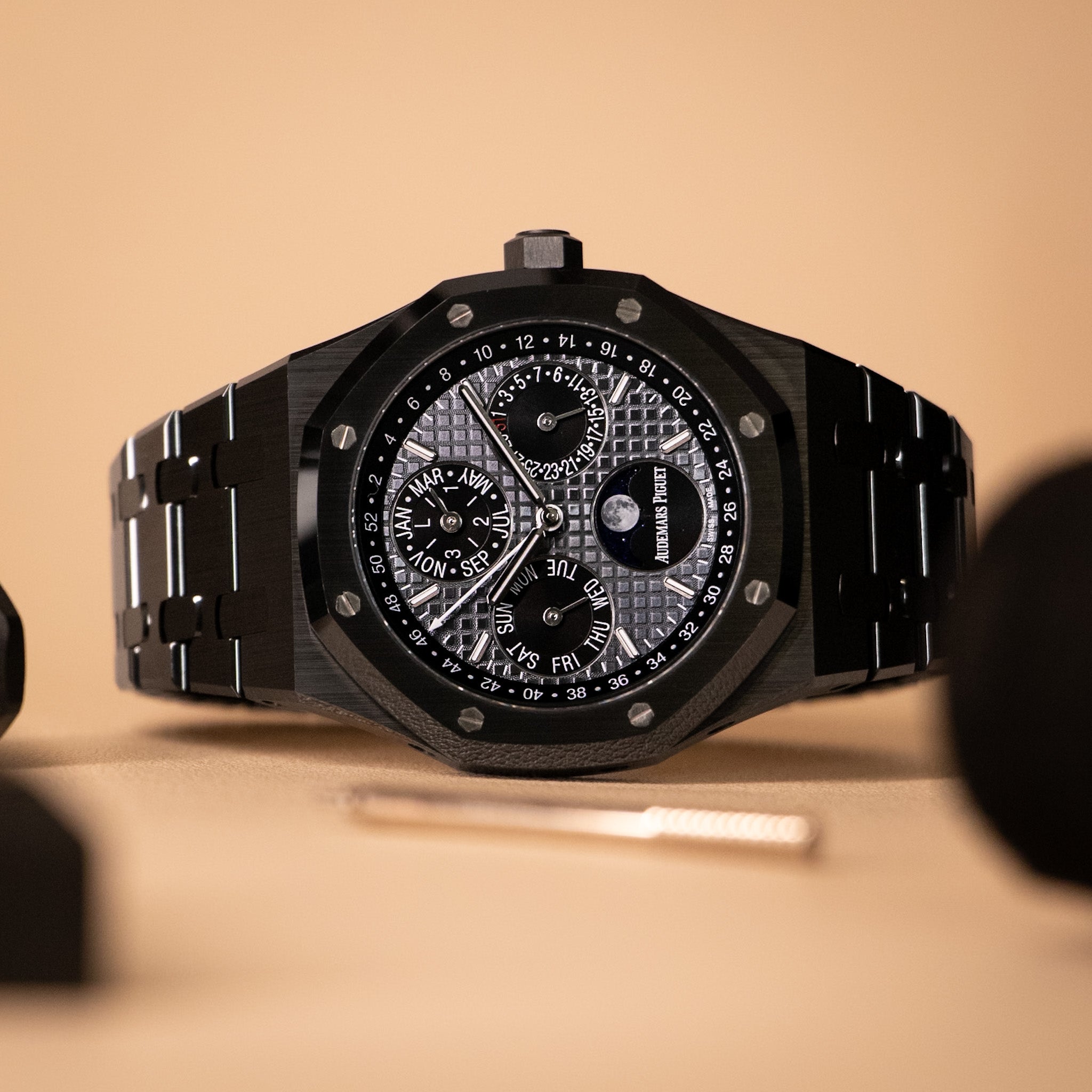 Audemars Piguet Royal Oak Perpetual Calendar Ref 26579CE black ceramic case and bracelet, slate grey ‘Grande Tapisserie’ dial with moonphase and week indicator, 41 mm.