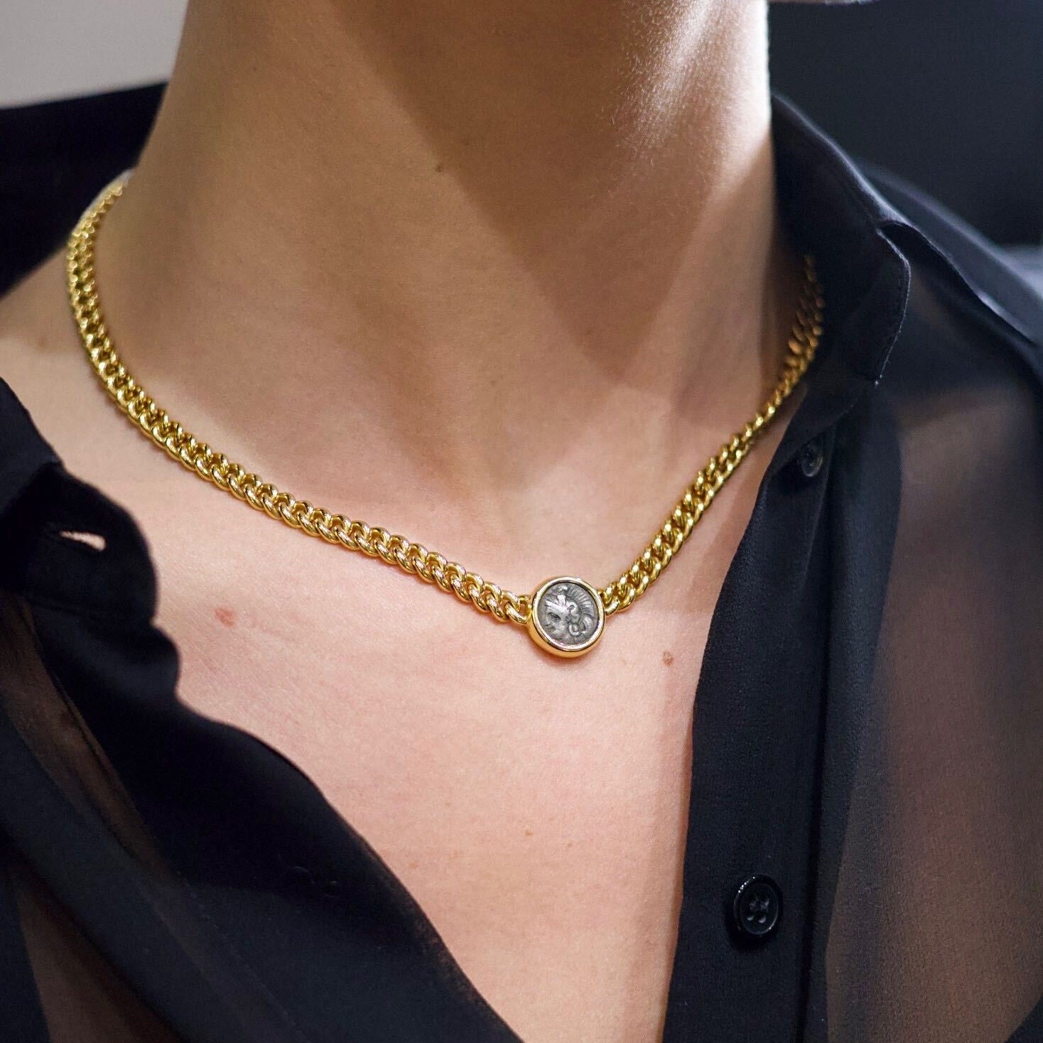 18K yellow-gold BVLGARI Monete necklace with ancient coin pendant on model
