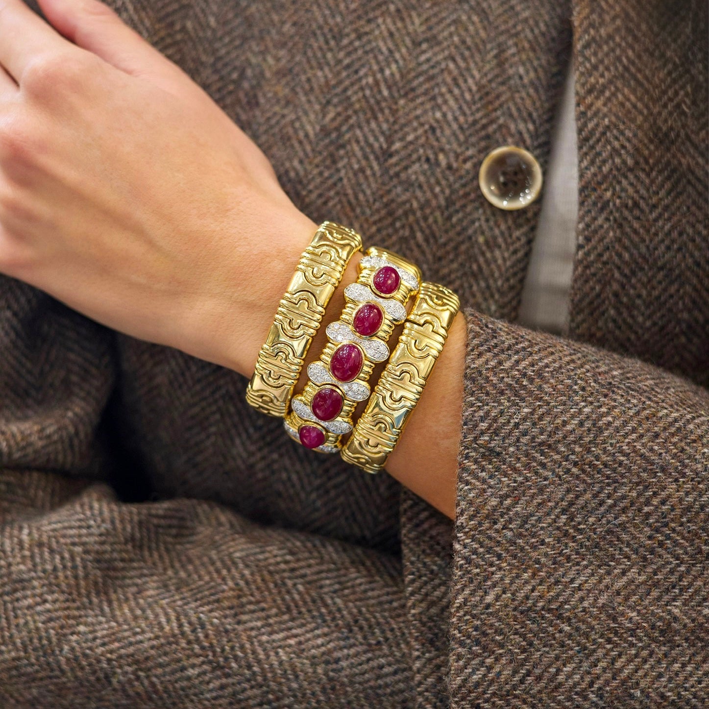 Vintage Gold Ruby Cabochon & Pavé Diamond Cuff Bracelet