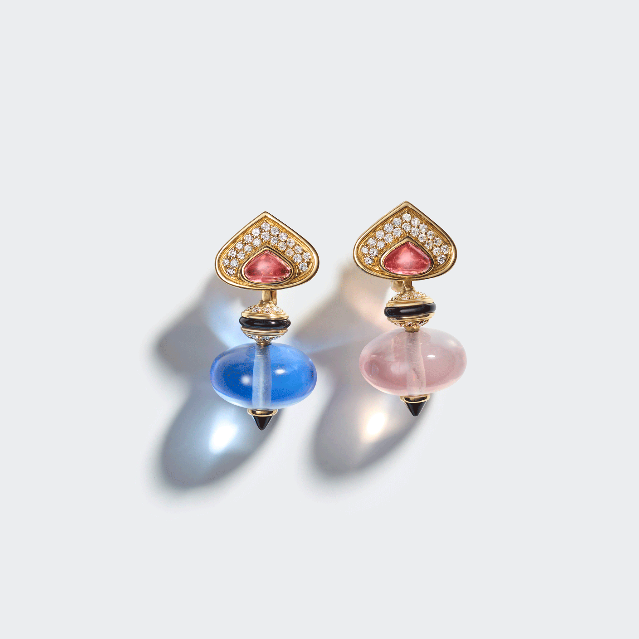Marina B interchangeable earrings with pink tourmaline, diamonds, blue topaz and rose quartz drops in 18k yellow gold