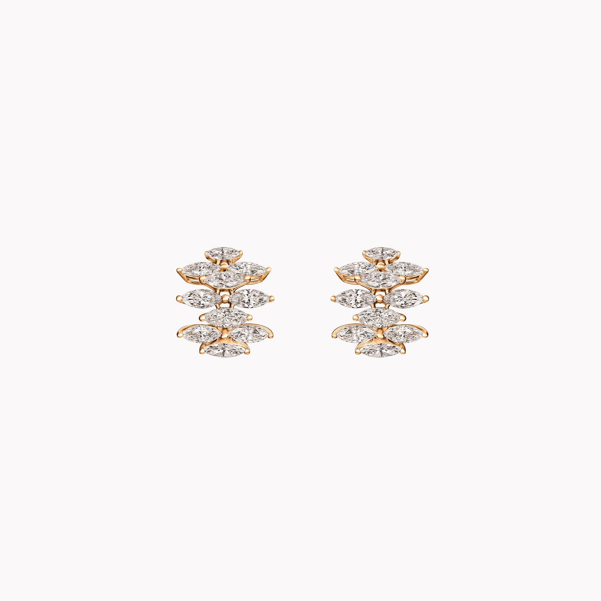 Mini Ferra diamond earrings in 18K white, yellow, and rose gold shown front and side, with omega back open.