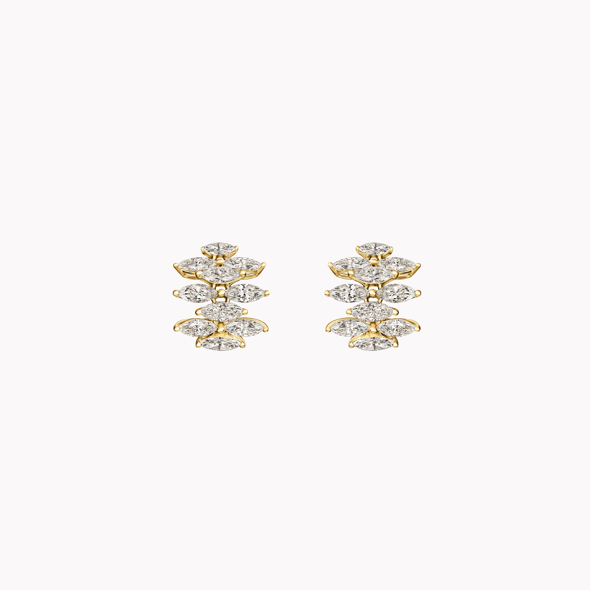 Mini Ferra diamond earrings in 18K white, yellow, and rose gold shown front and side, with omega back open.