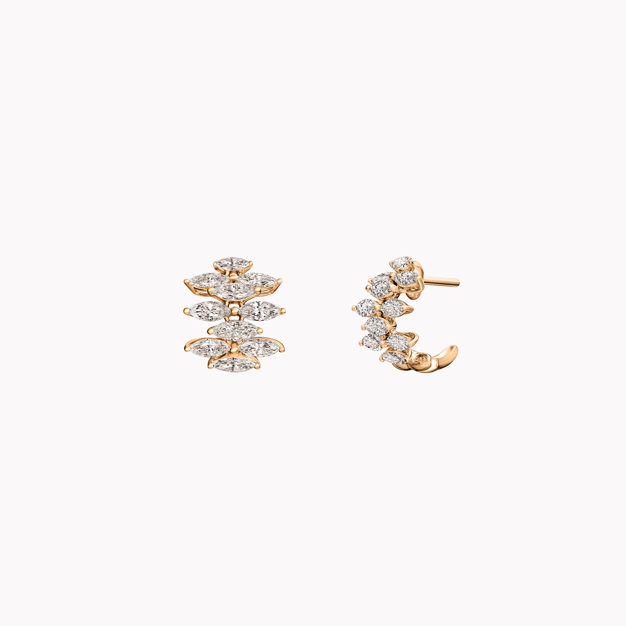 Mini Ferra diamond earrings in 18K white, yellow, and rose gold shown front and side, with omega back open.