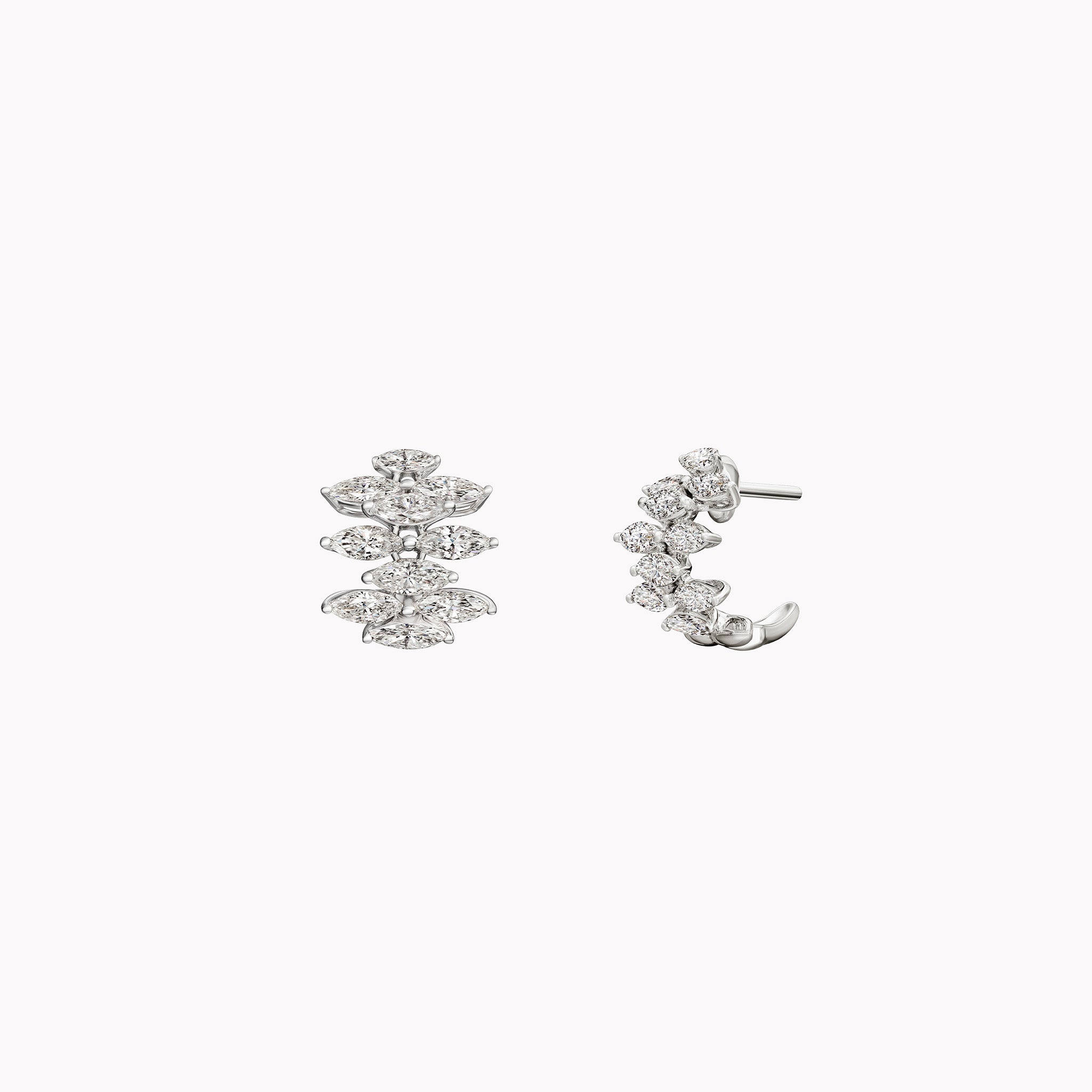 Mini Ferra diamond earrings in 18K white, yellow, and rose gold shown front and side, with omega back open.