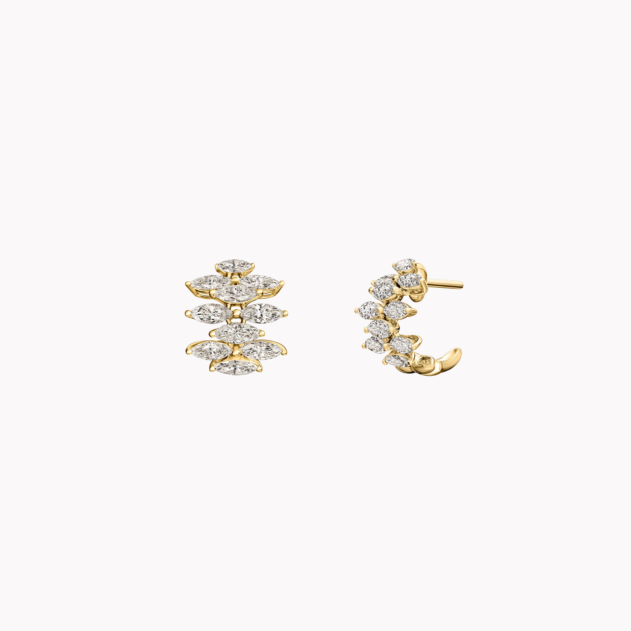 Mini Ferra diamond earrings in 18K white, yellow, and rose gold shown front and side, with omega back open.