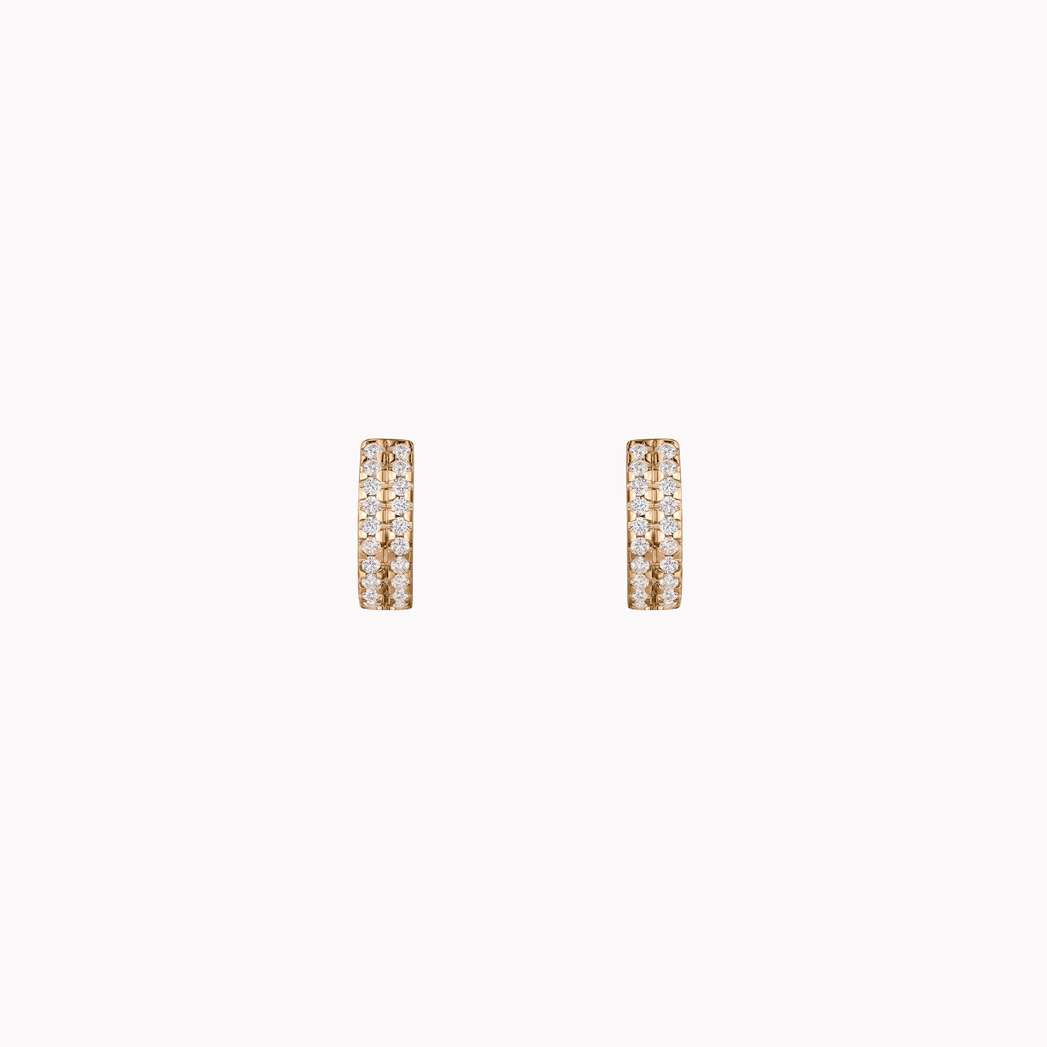 Material Good 2 Row Pavé Huggie Earrings in 18k rose gold, front view, featuring two rows of round brilliant pavé-set white diamonds in a structured huggie form.