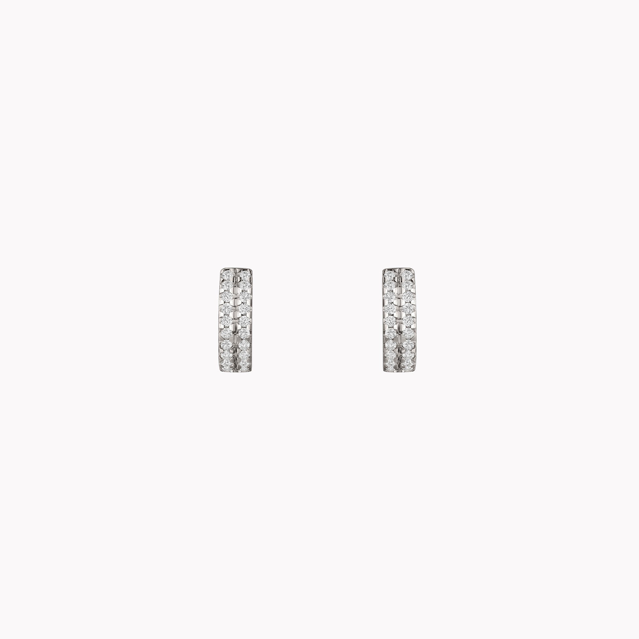 Material Good 2 Row Pavé Huggie Earrings in 18k white gold, front view, featuring two rows of round brilliant pavé-set white diamonds in a structured huggie form.
