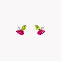 Rubellite, Peridot & Diamond Cluster Studs