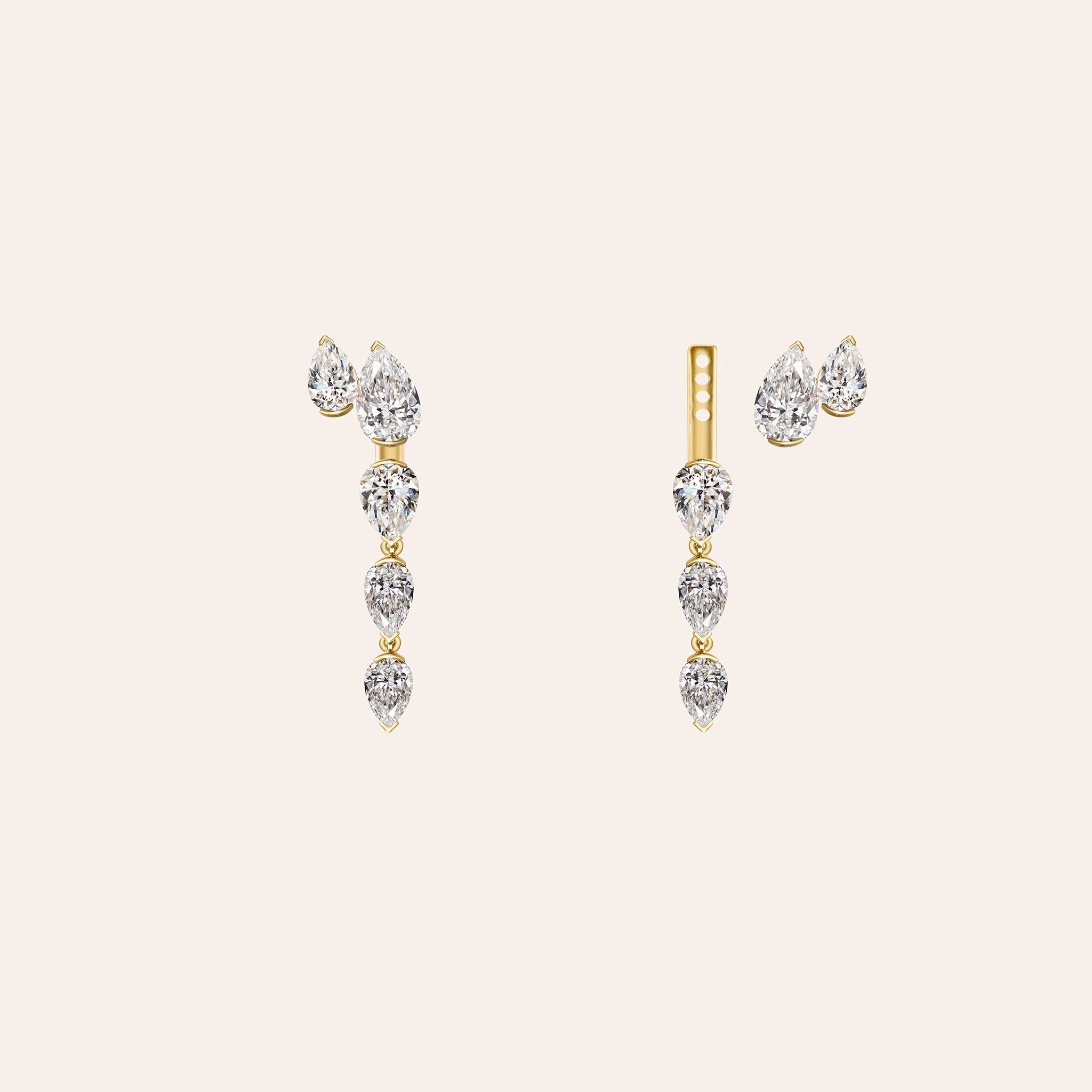 A pair of gold and diamond drop earrings displayed on a light cream background. The earrings feature a gold post with a cluster of clear teardrop-shaped diamonds at the top, followed by three vertical rows of marquise-cut diamonds, and a single dangling marquise diamond at the bottom.