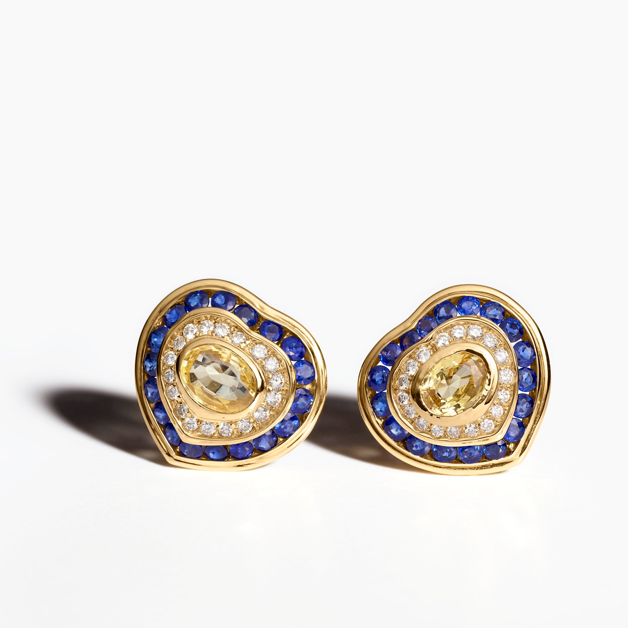 Vintage Yellow Sapphire, Blue Sapphire & Diamond Heart-Shaped Earrings