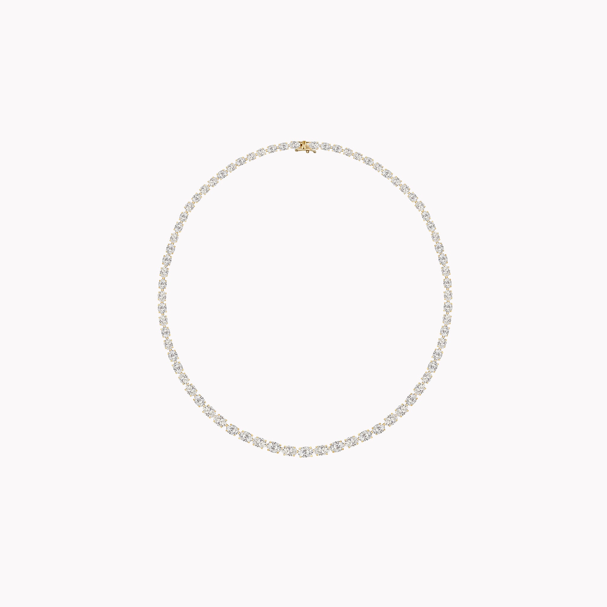18K gold East-West oval diamond tennis necklace featuring 23.02ct of GIA-certified D–G SI1–VS2 diamonds in a continuous, modern line design.