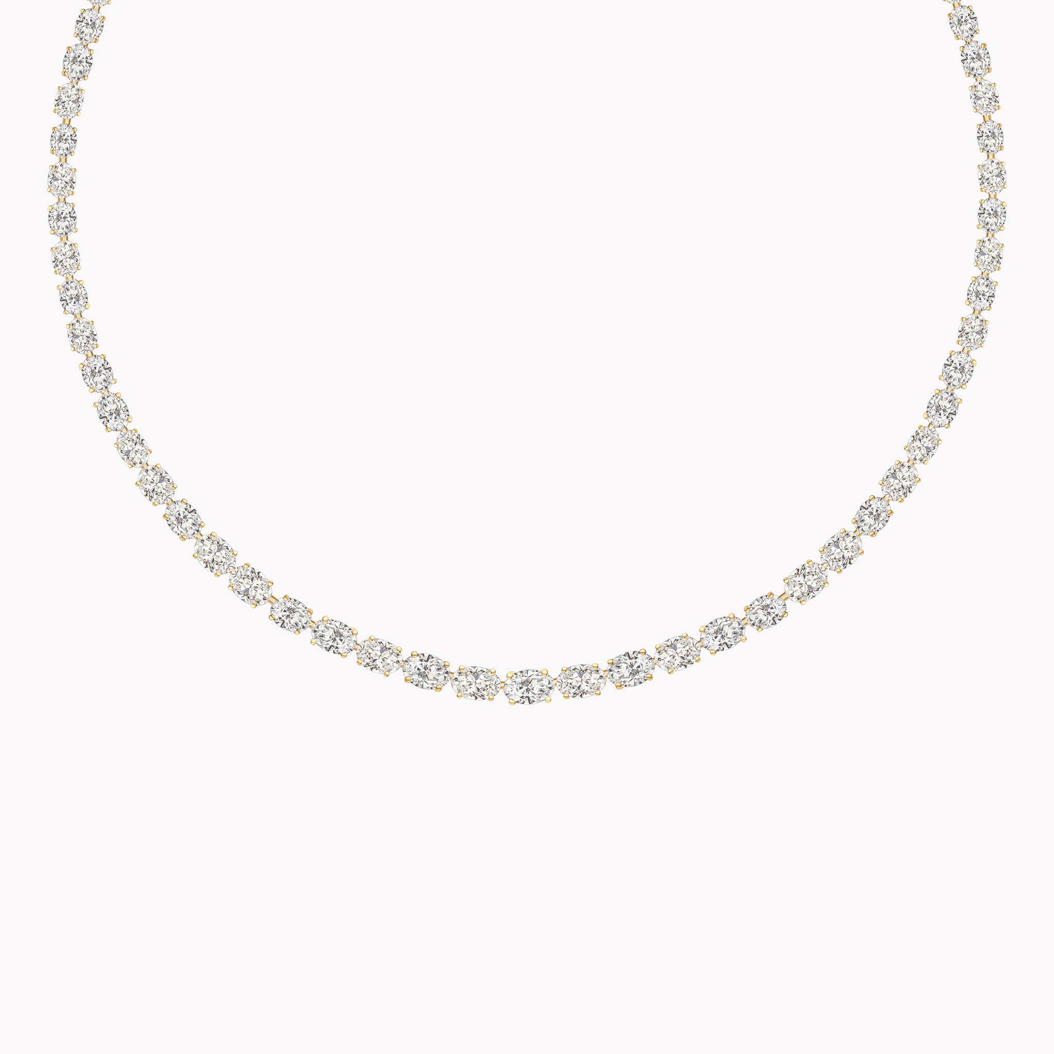 18K gold East-West oval diamond tennis necklace featuring 23.02ct of GIA-certified D–G SI1–VS2 diamonds in a continuous, modern line design.