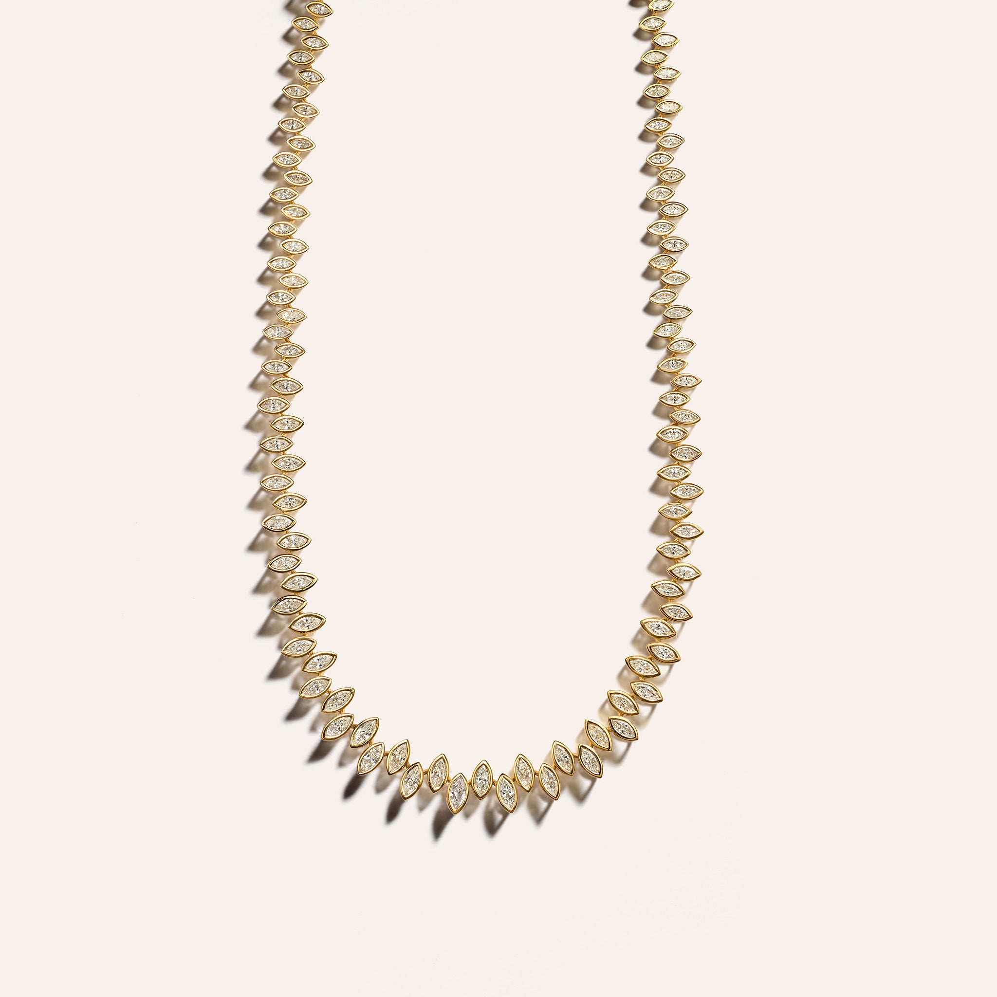 Ferra bezel-set diamond necklace in 18K yellow gold with marquise-cut diamonds, 13.46 total carats
