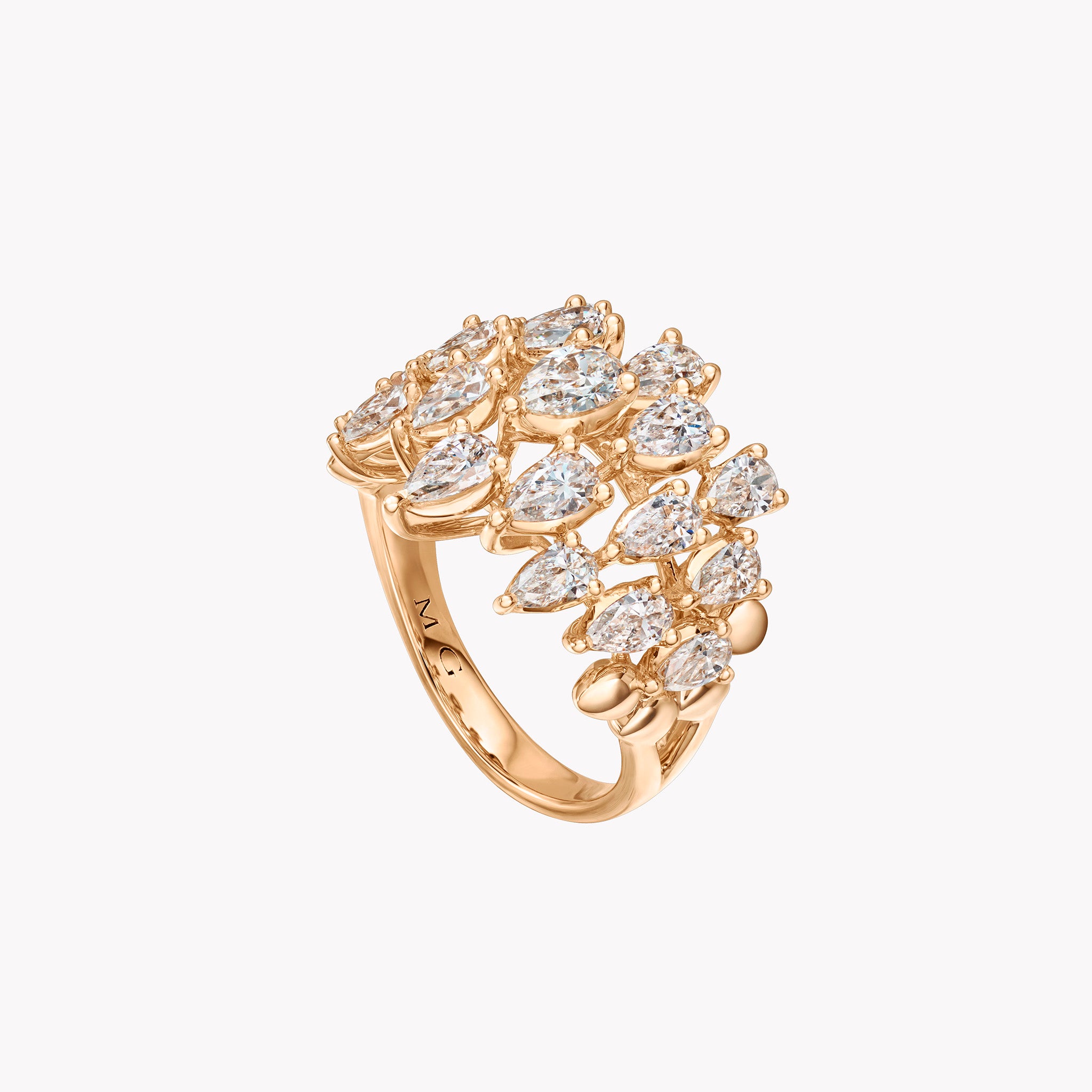 18K gold pear-shaped diamond cluster ring with 2.53 carats total weight, featuring a bold multi-stone design