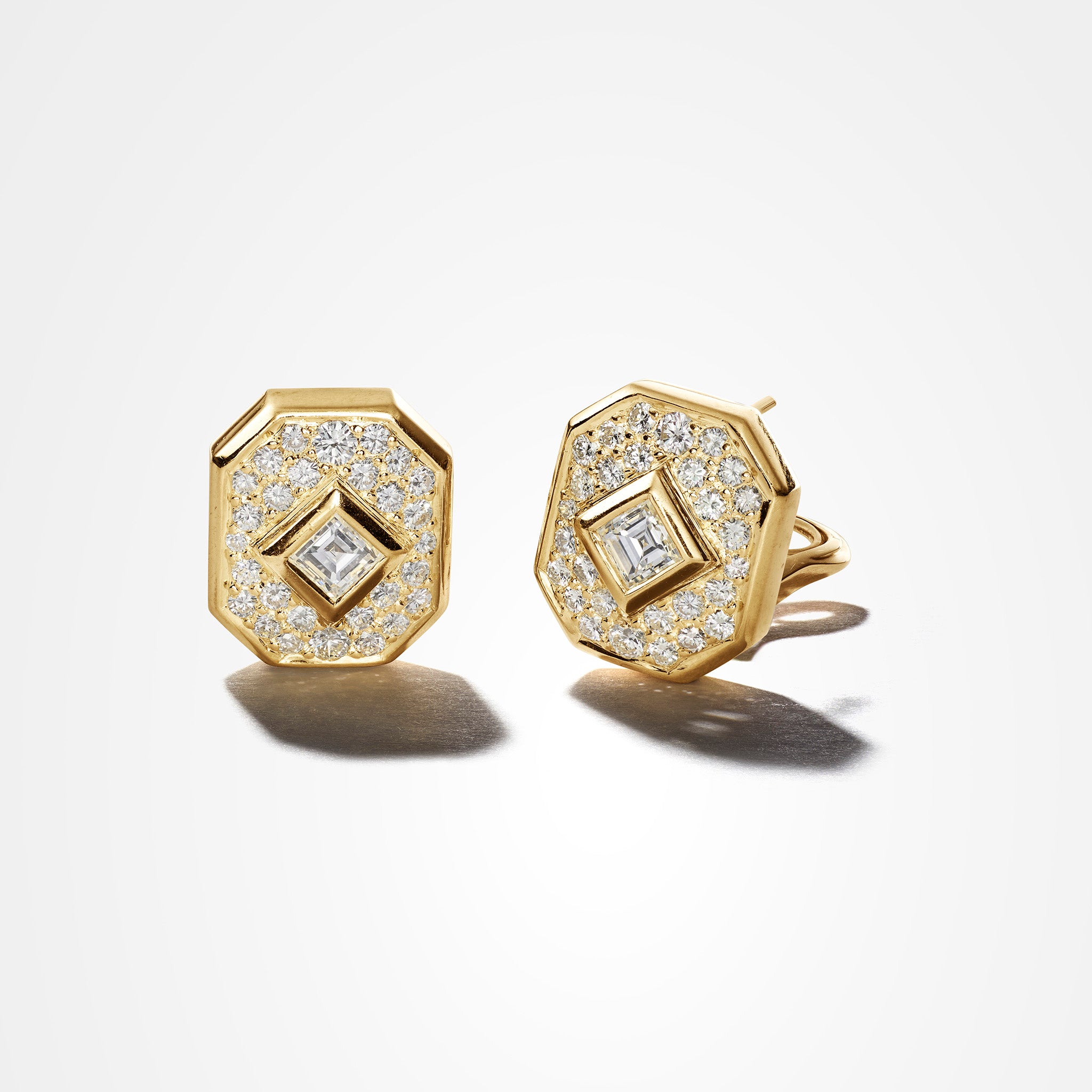 Vintage Bvlgari 18K yellow gold earrings with a square step-cut diamond and pavé diamond surround