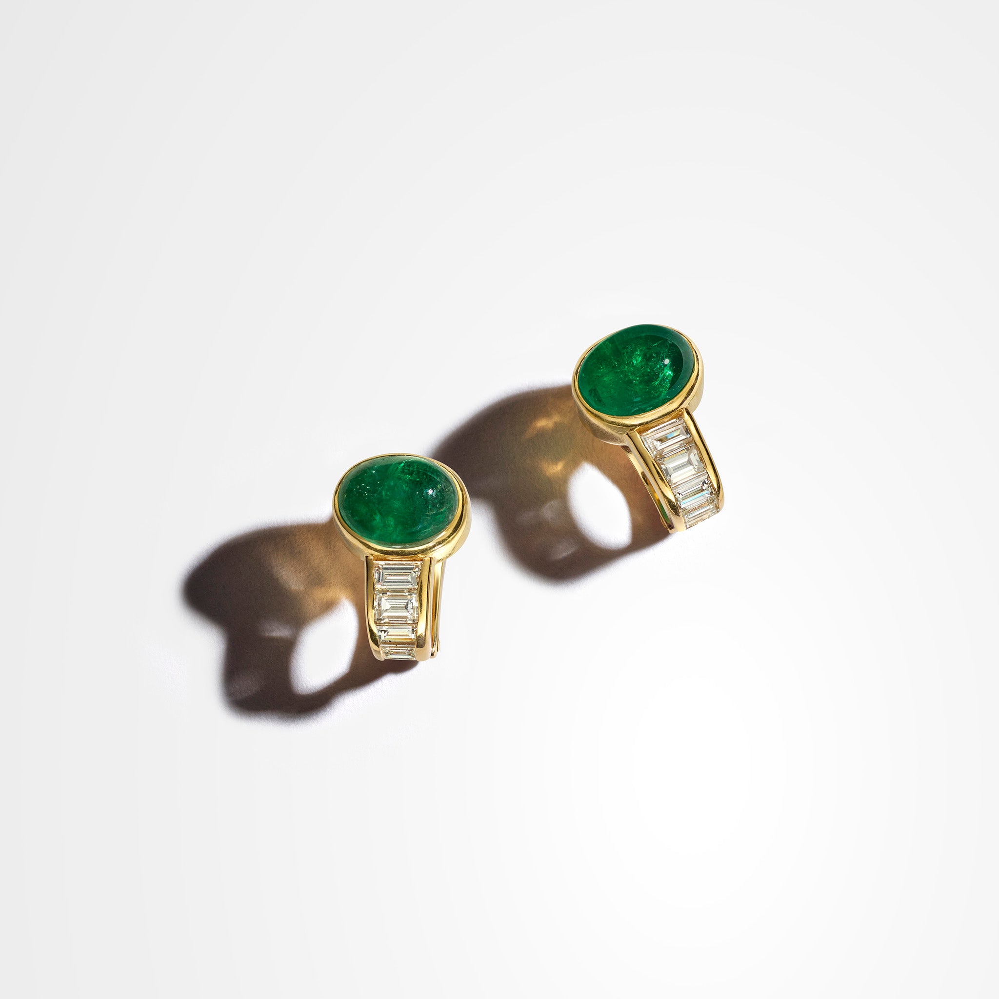 Vintage Bvlgari 18K yellow gold hoop earrings with cabochon emerald and baguette diamonds